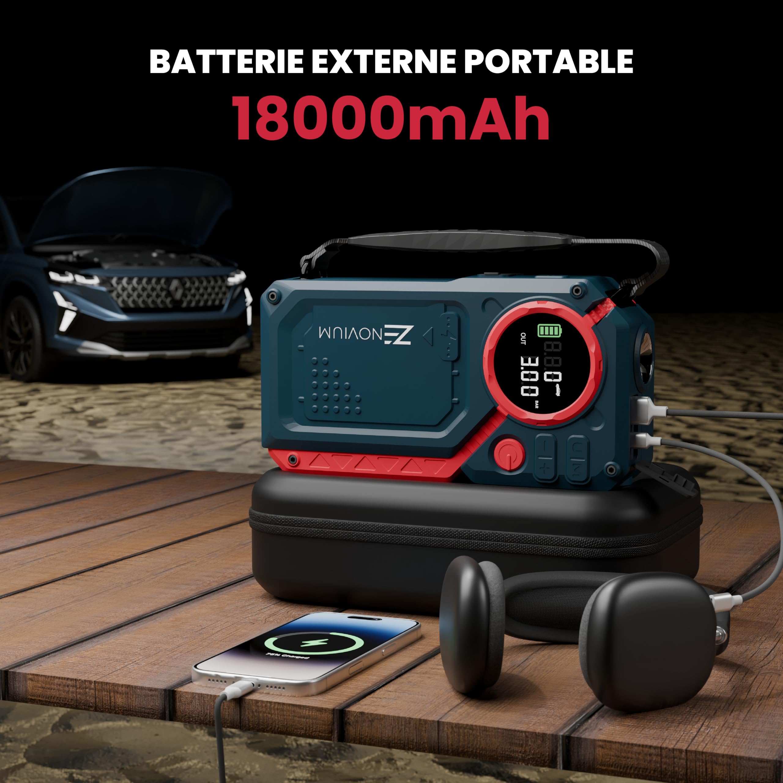 Arrancador de Coches 2500A con Compresor 150 PSI, Booster de Batería 12V, Jump Starter para Gasolina y Diésel hasta 8L, Power Bank 18000mAh, Luz LED 500 Lúmenes, Carga Rápida USB, Portátil