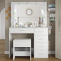 Vista 10 de Tocador con Toma de Corriente, Tocador de Maquillaje con Espejo y 12 Luces LED, 3 Modos de Iluminación, Mesa Tocador de 11 Cajones con Silla