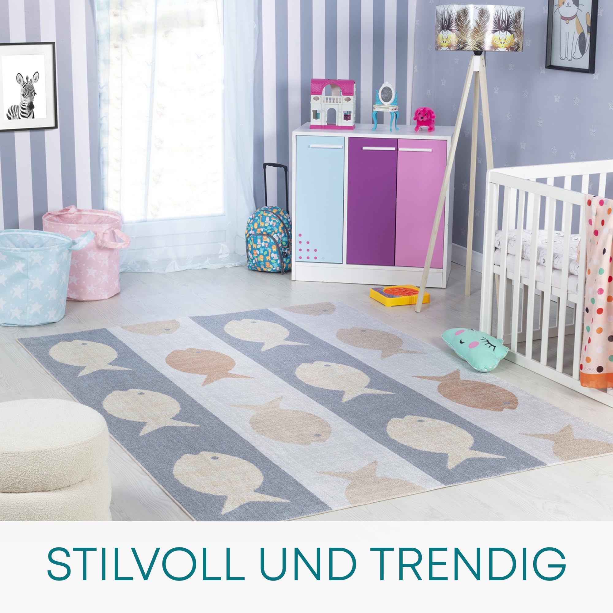 Tapis Chambre Enfant Livabliss Étoiles Bleu Gris Crème - 120x170 Cm, Poil Court Doux, Lavable En Machine, Idéal Bébé Fille Garçon
