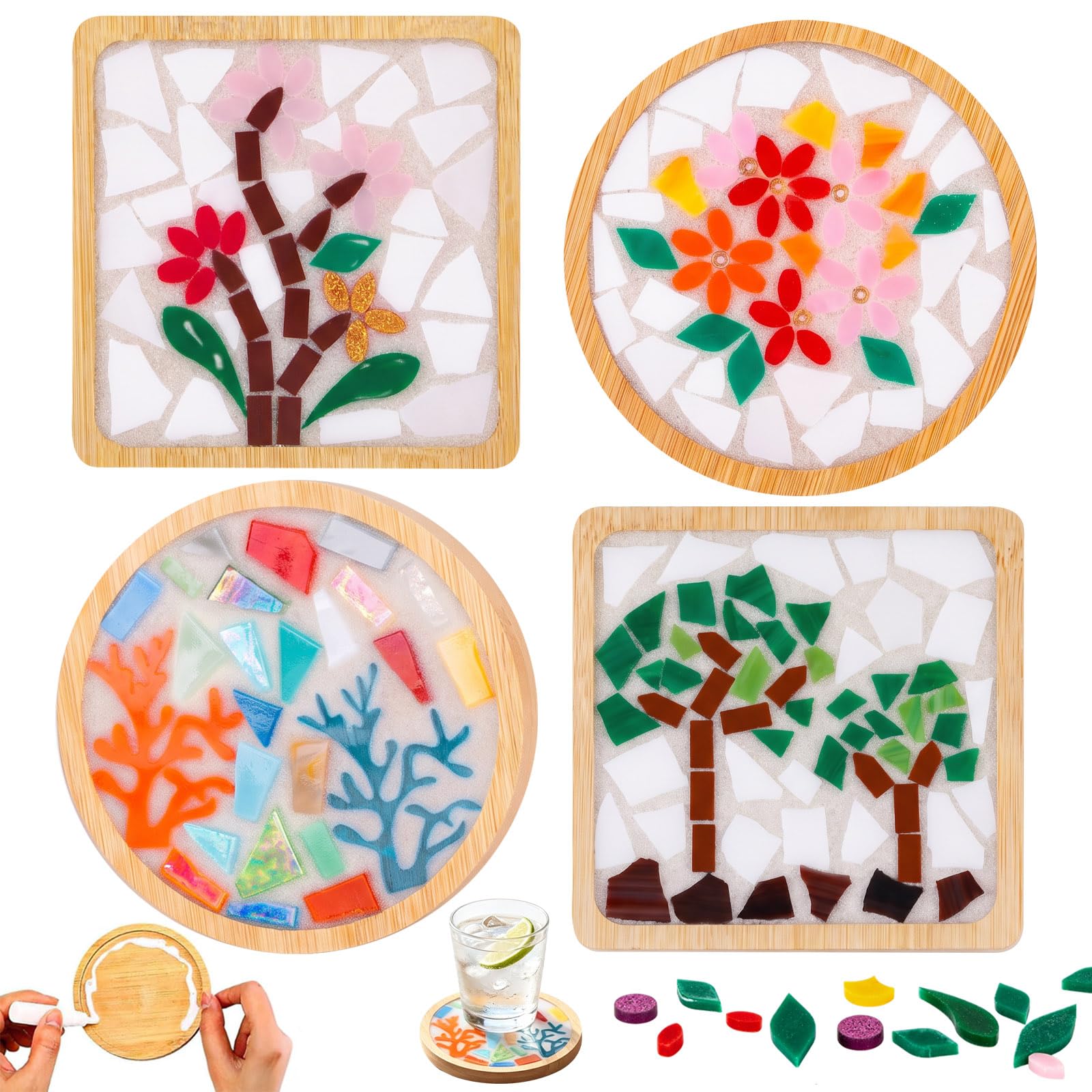 4 Set DIY Mosaic Coaster Kit Glass Tiles Coasters for Adults