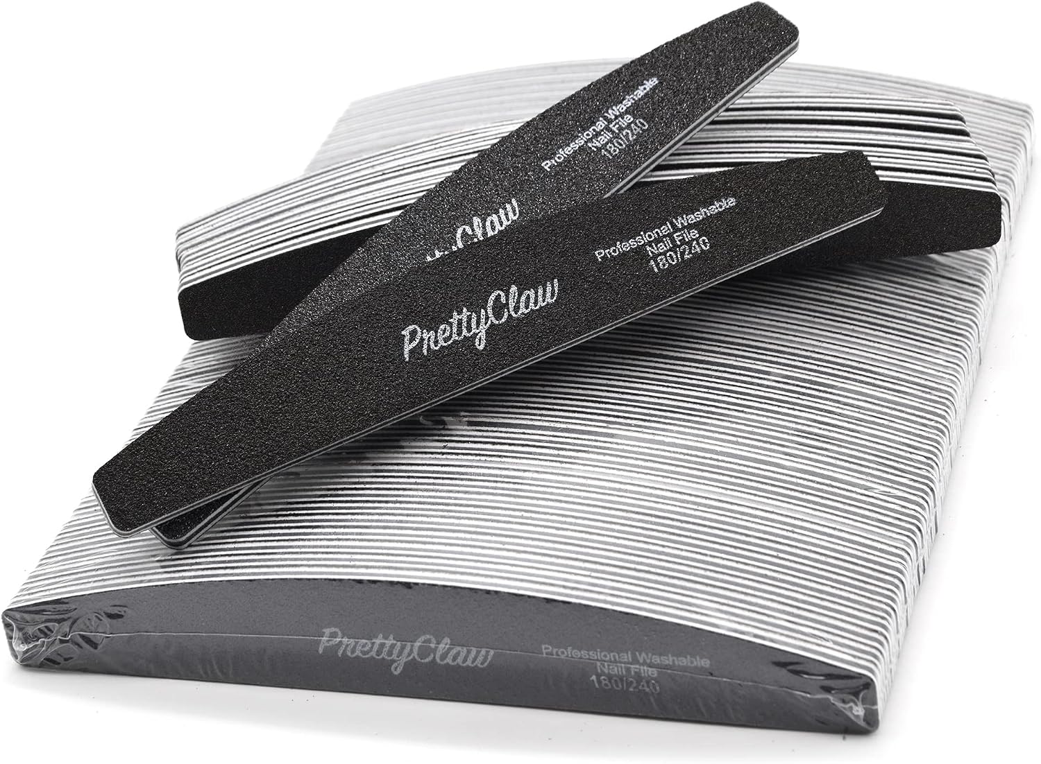 PrettyClaw | 50pc Professional Nail File 180/240 Grit Black Half Moon Acrylic Nail Files Plastic Center Double Sided Emery Board for Nails Washable 7 inch Nail File