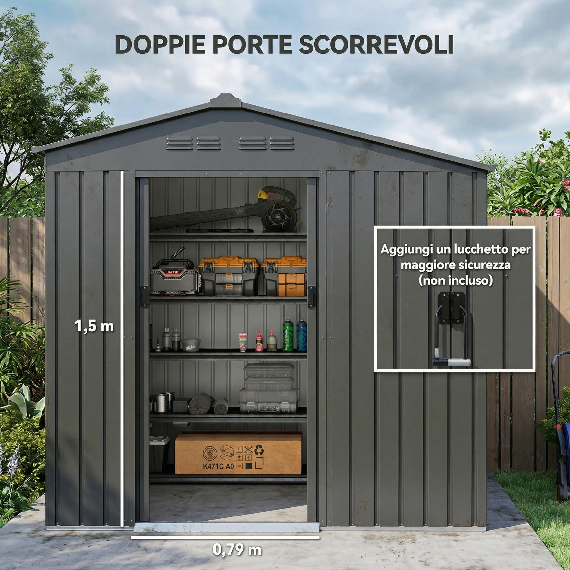 Outsunny Casetta da Giardino 3.6m² in Acciaio Zincato con Prese d'Aria, Capanno da Giardino con Doppia Porta Scorrevole Bloccabile e Tetto Inclinato, Capanno Porta Attrezzi da Esterno, Grigio Scuro