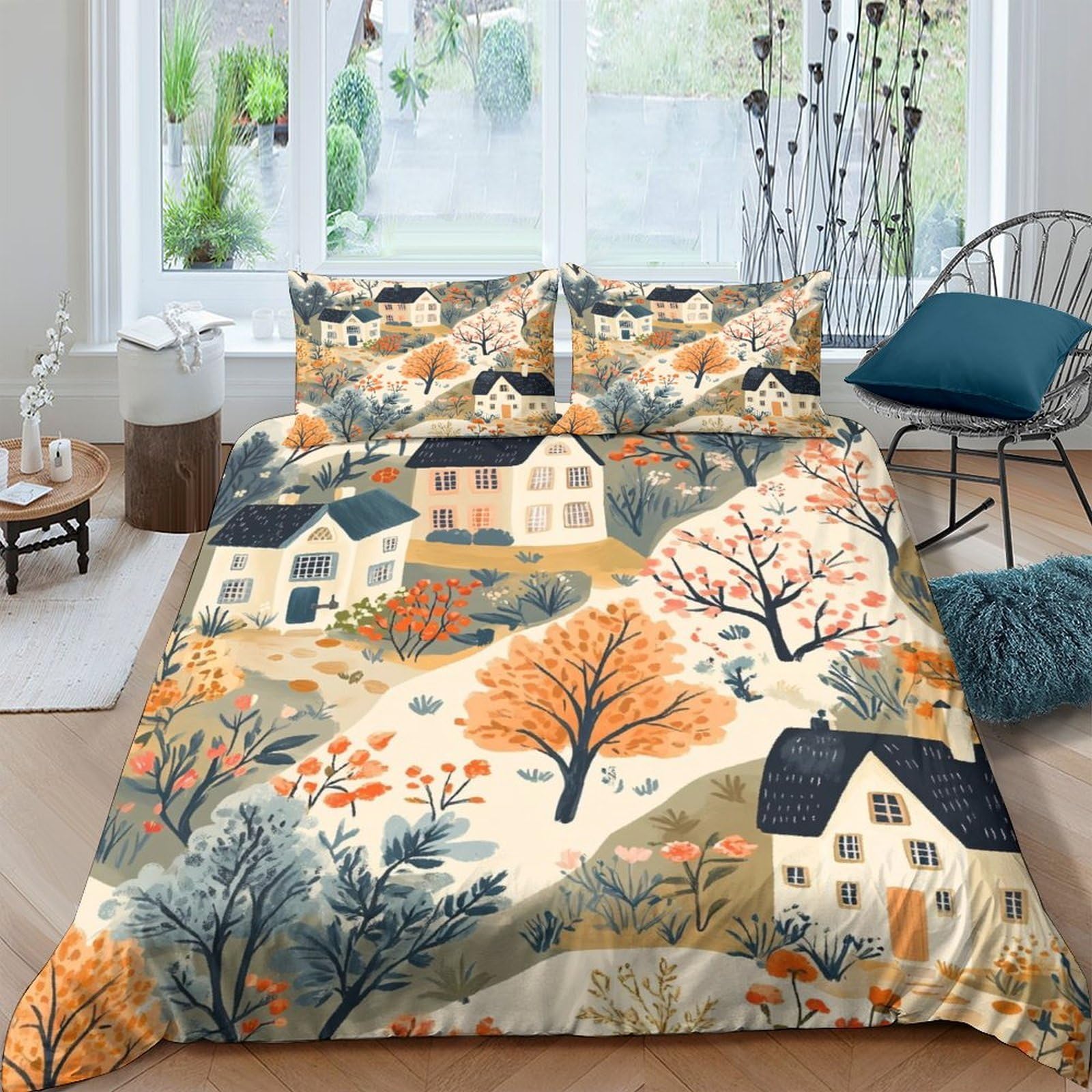 Ctjqhvkz Style-2 3D Printed Autumn Village Fitted Sheet Microfiber Soft Breathable Countryside Landscape Mattress Cover For Bedroom Home Decor Single（135X200cm）