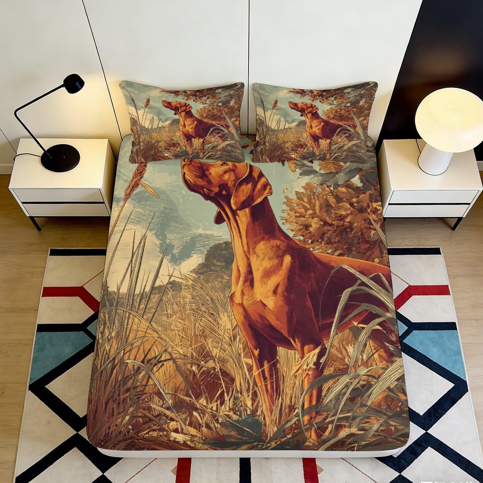 3D Printed Brown Hunting Dog Fitted Sheet Microfiber Soft Bed Sheet Countryside Scene Mattress Cover Decor 90x200x25cm