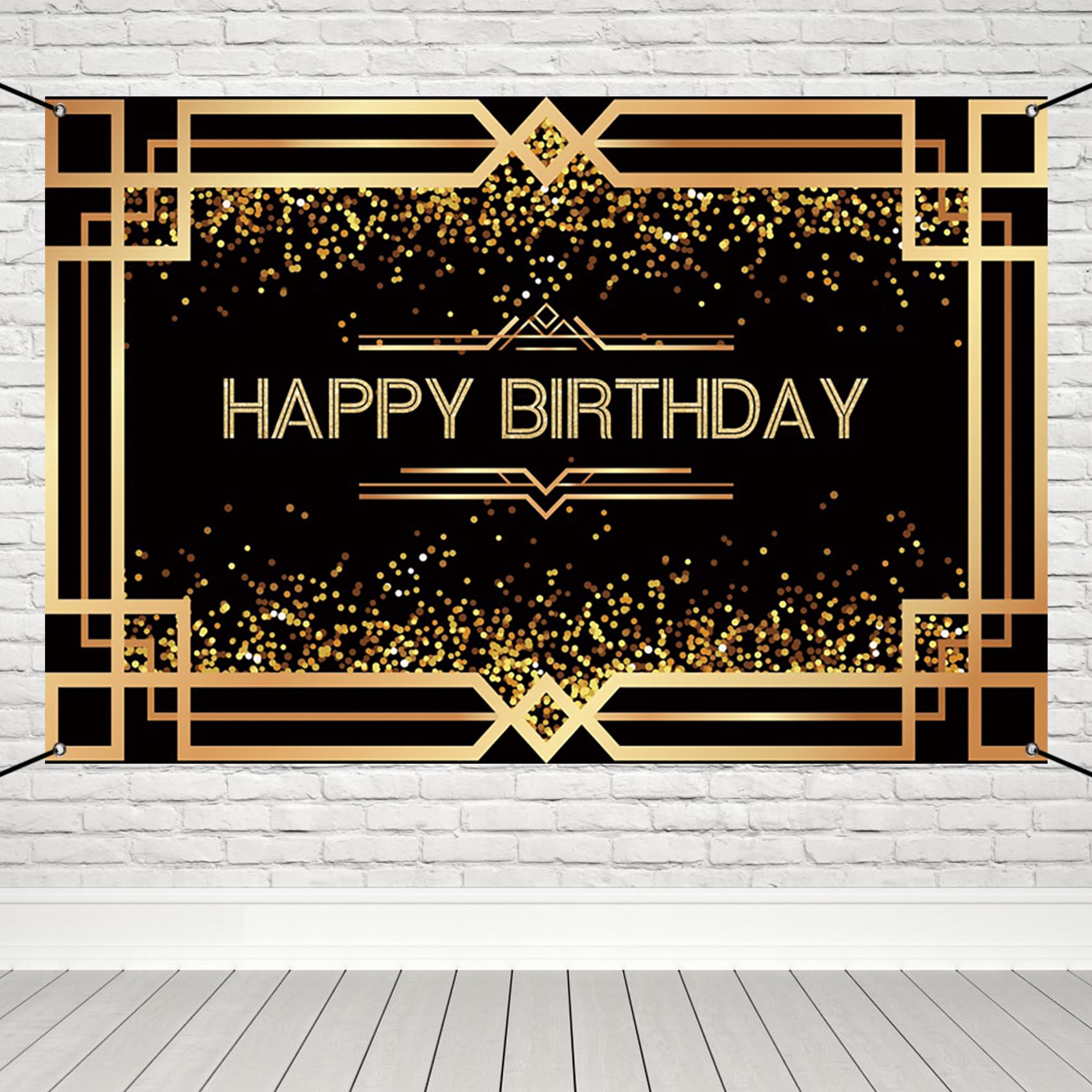 Renaiss 6x3.6ft Happy Birthday Banner Gatsby Birthday Poster Gold And Black Roars Of 20's Bday Party Decoration Roaring 20's 20s Wall Decor Background