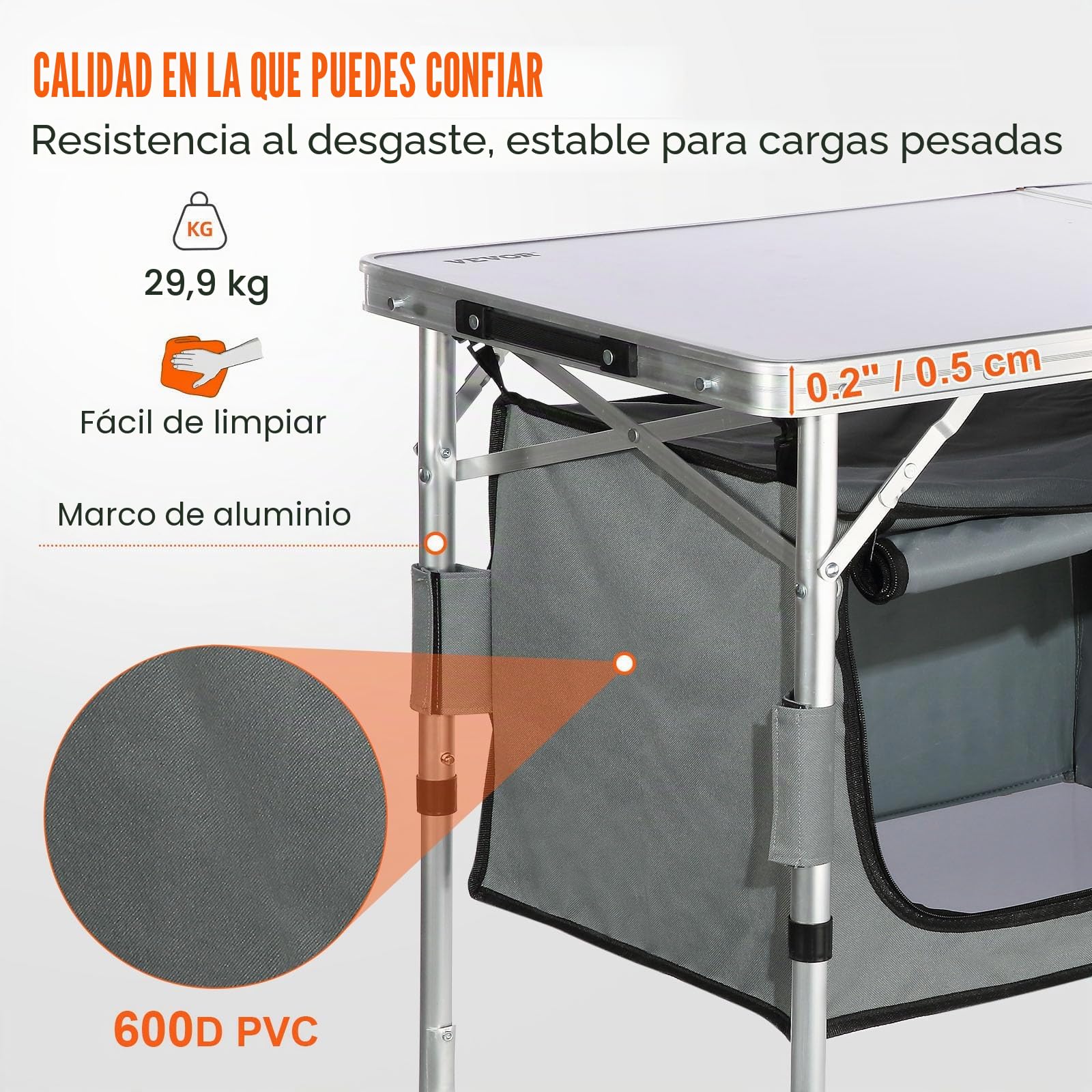 VEVOR Mueble de Cocina para Camping 120x47x70 cm Armario de Camping Plegable Portátil Estructura de Aluminio Altura Ajustable Mesa de cocina para acampar con Bolsa de Transporte para Barbacoa Pícnic