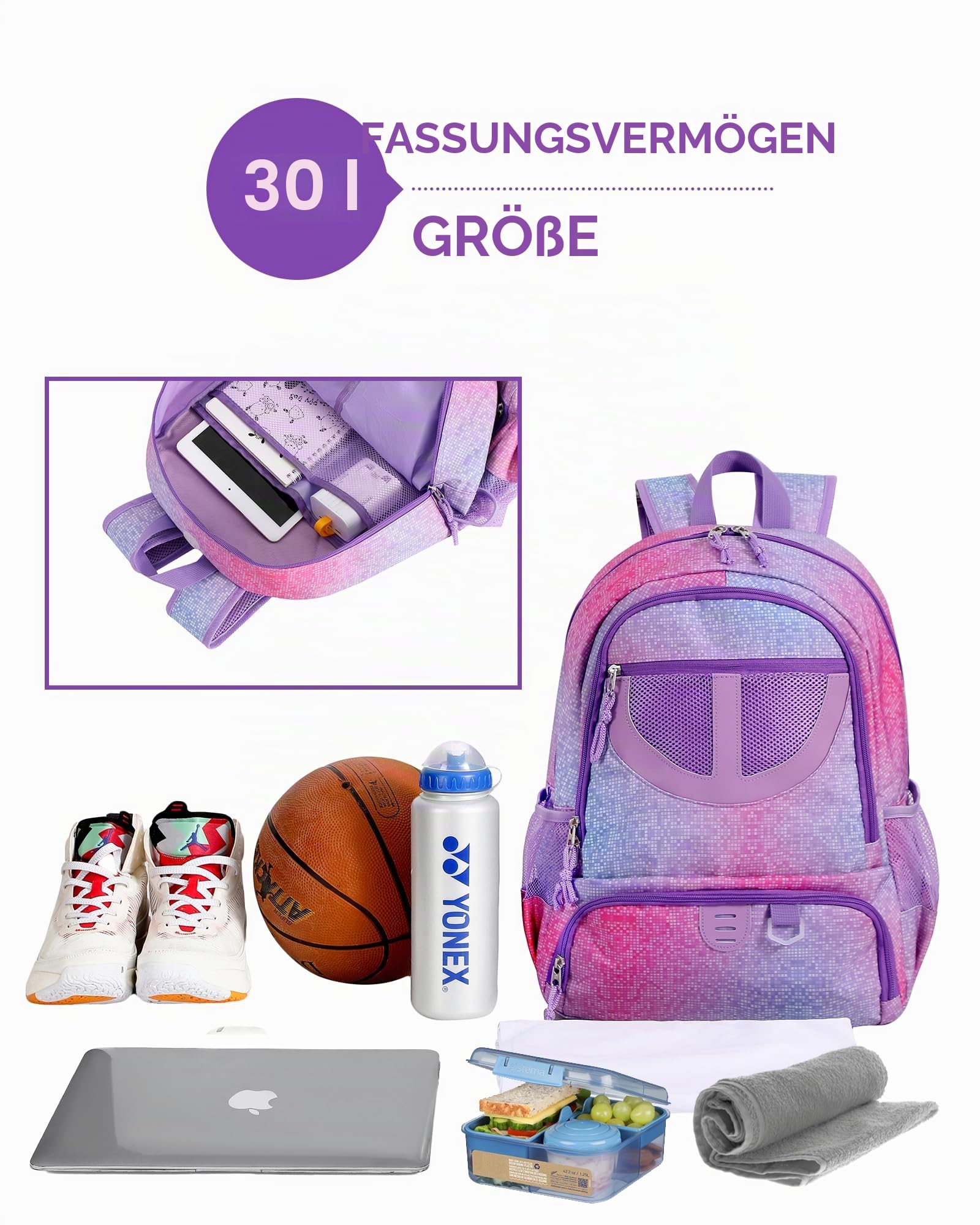 Basketballtasche für Damen und Herren, mit Ball- und Schuhfach, 30 l Fassungsvermögen, leicht, atmungsaktiv, für Mädchen und Jungen, Fußballtasche, Rucksack, passend für Volleyball, Fußball, Sport