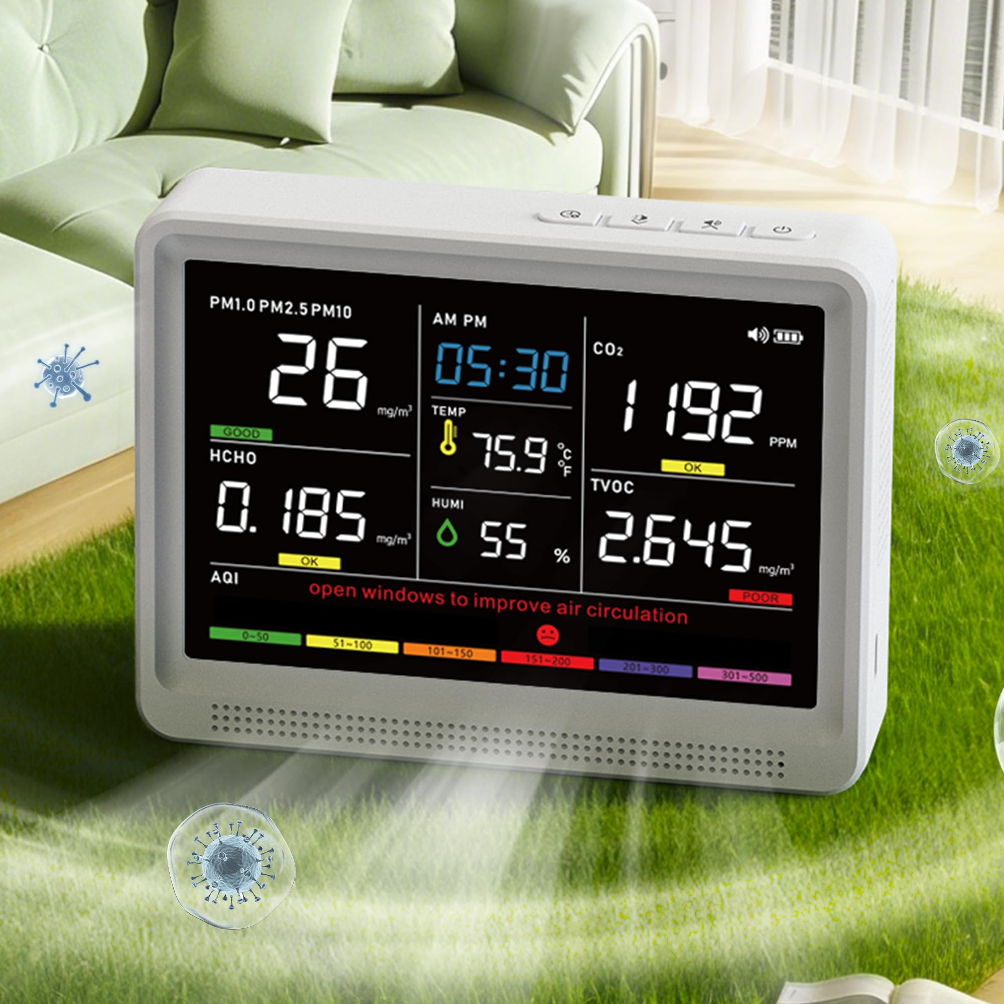 bonoch Upgrade 16 in 1 Air Quality Monitor Indoor 15h Battery &amp; 5.5" Display 9 AQI+7 AQI Alerts, CO2 Monitor Air Quality Tester for CO2, TVOC, PM2.5 PM1.0 PM10, HCHO Temperature Humidity AQI &amp; Time