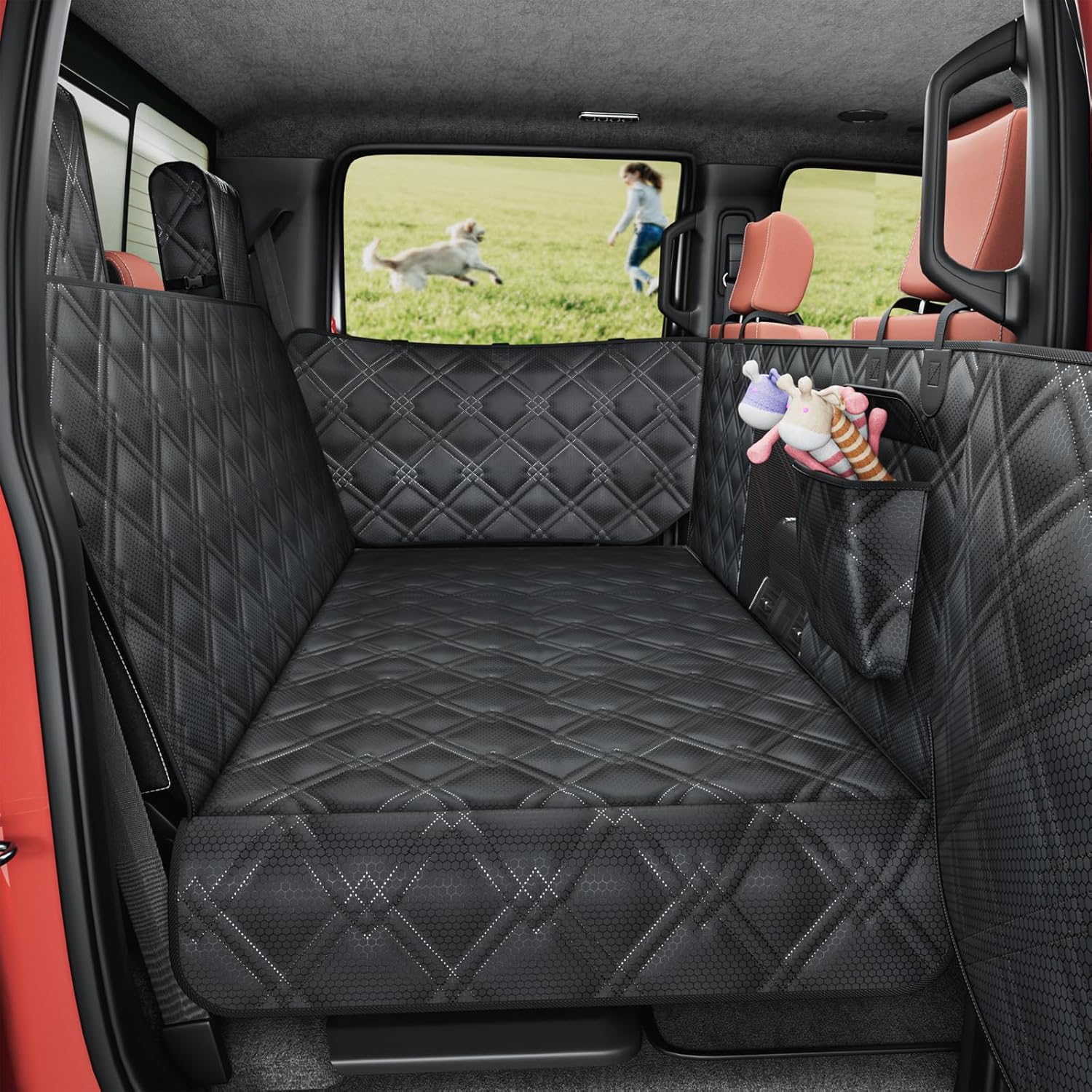 Truck Back Seat Extender for Dogs – Waterproof Full Size Pickup Pet Seat Cover with Door Protection, Hard Bottom Holds 420 lbs Dog Hammock for F150, RAM 1500 & More BLACK Fit for Fullsize Trucks