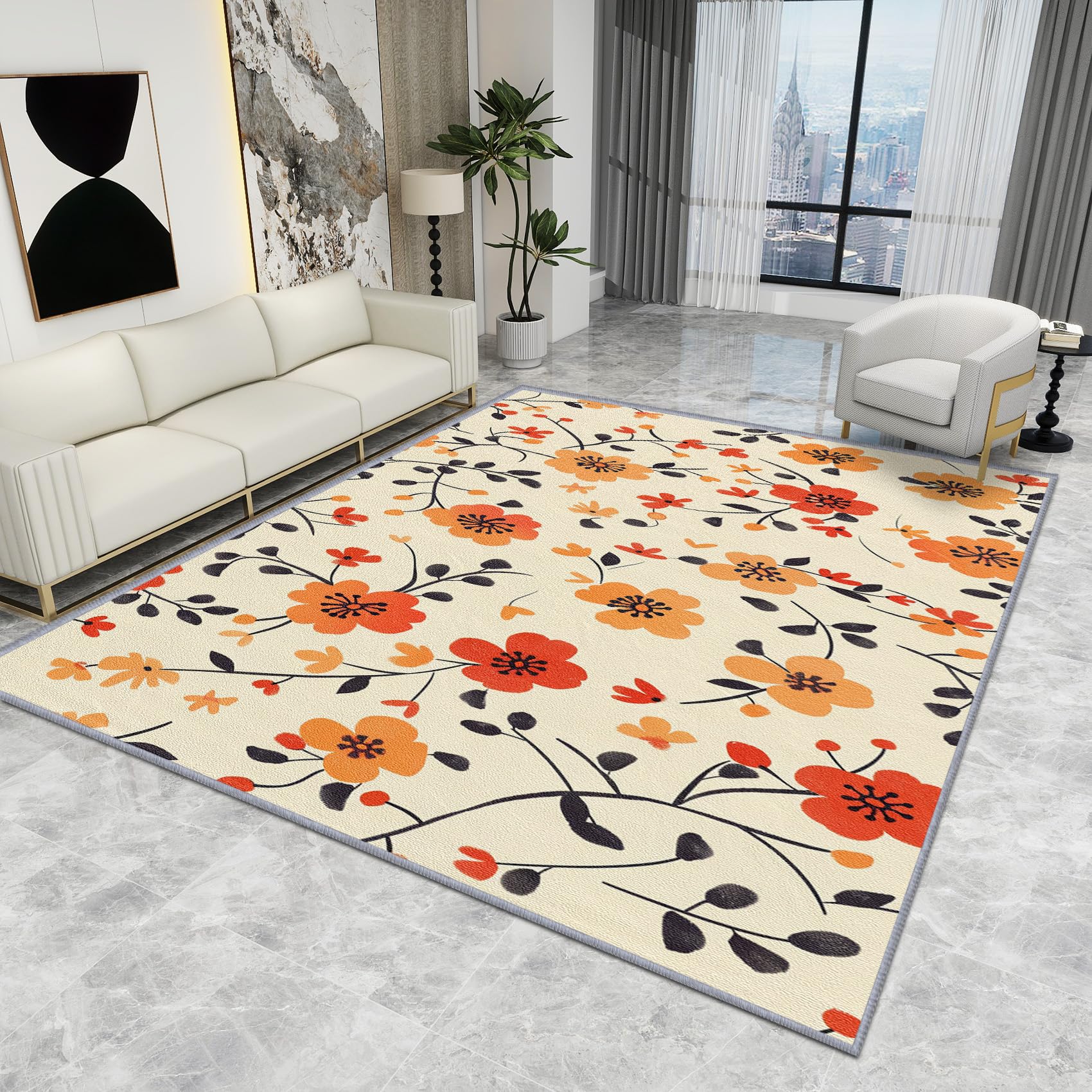 Floral Rugs for Bedrooms - Floral Rug - Wildflower Botanical Rugs, Orange Flower Carpet, Washable Rug Non Slip Low Pile Soft Large Area Rugs, Floral Home Decor Gifts, 120 X 180 cm