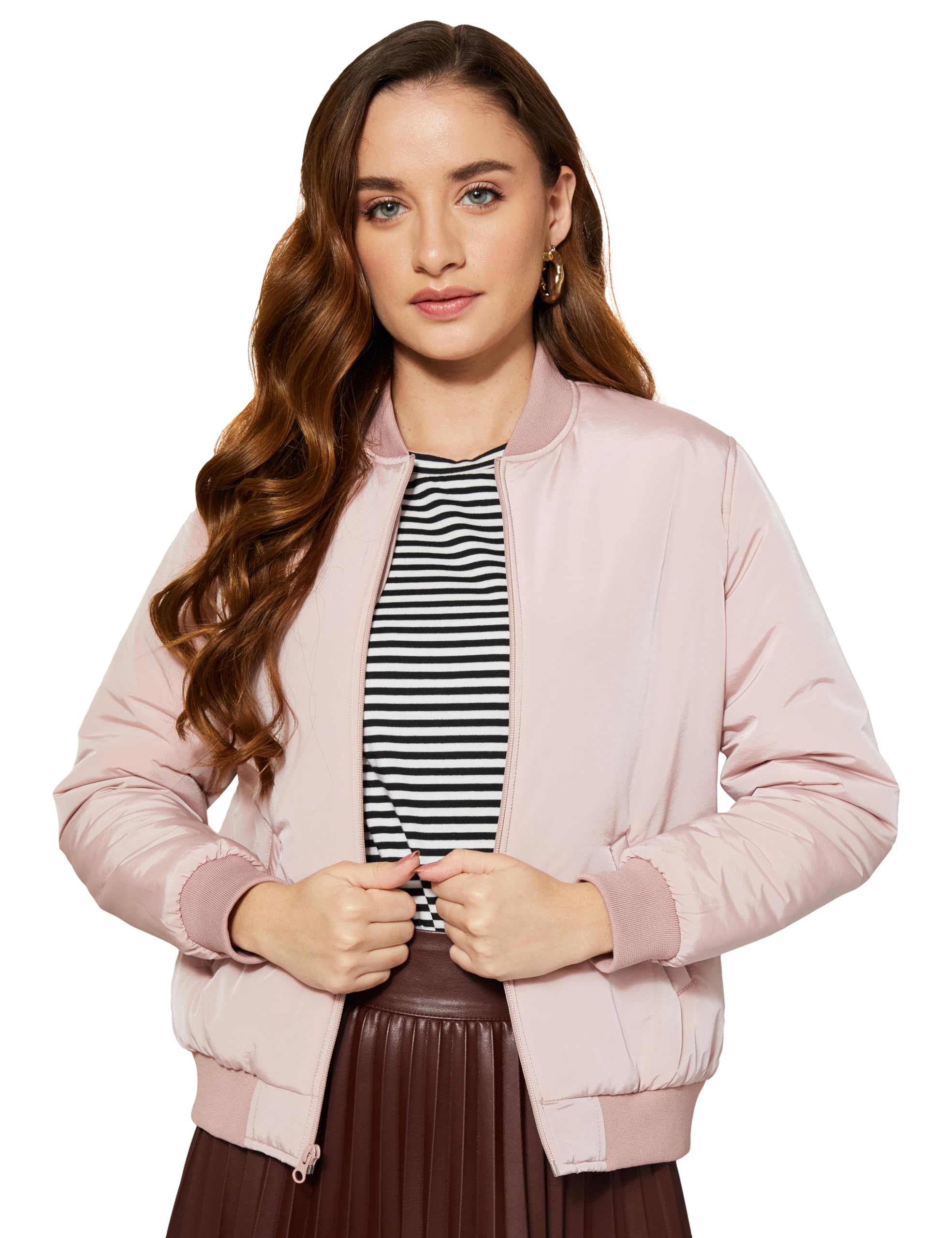 Women's Polyester Regular Fit Lightly Paded Bomber Jacket With Side Pocket (Winter Jackets)