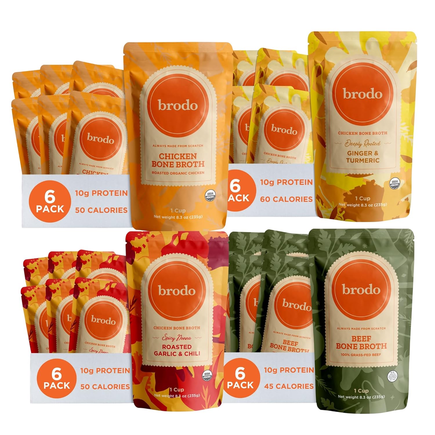 Brodo Beef & Chicken Bone Broth Variety Bundle, 4 Flavors, 6 Cups Each (24 Cups Total)