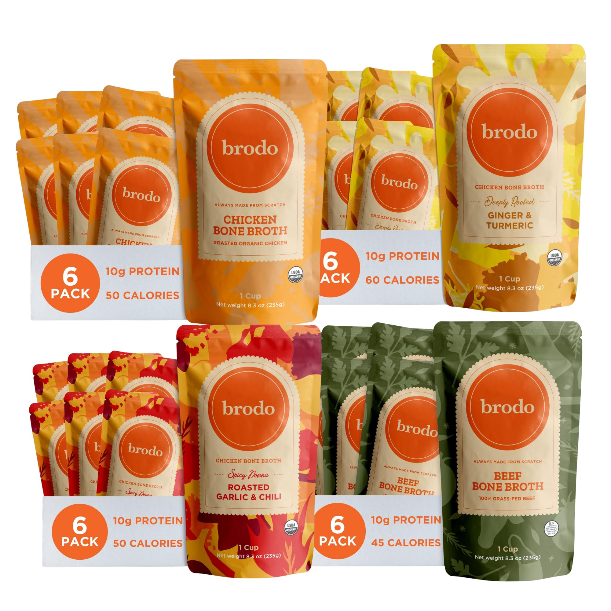 Brodo Beef & Chicken Bone Broth Variety Bundle, 4 Flavors, 6 Cups Each (24 Cups Total)