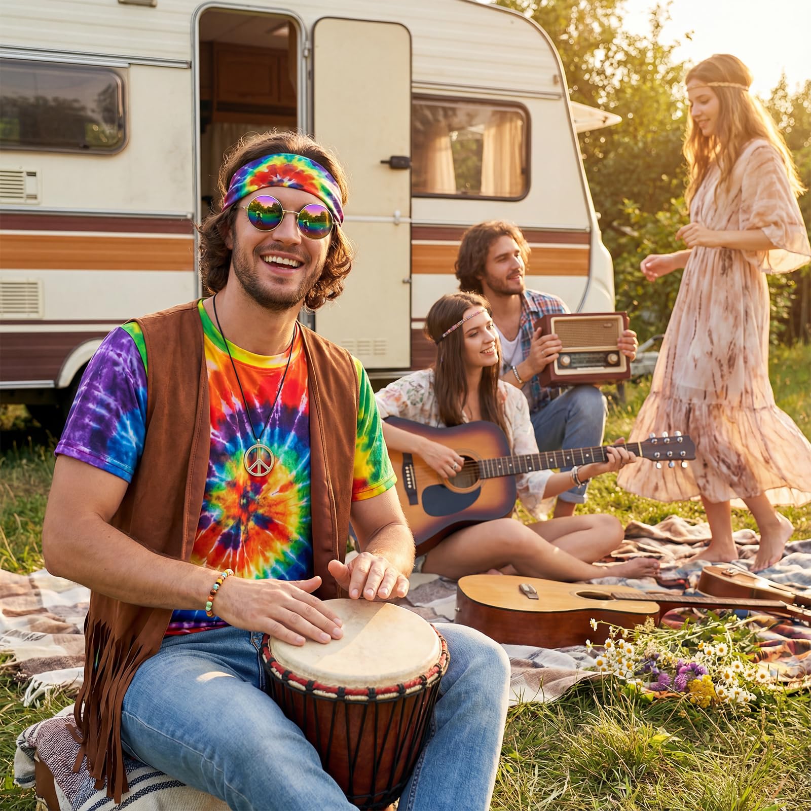 Kitimi Hippie Kostüm Herren Damen Set, 60er 70er Jahre Outfit Herren, Retro Disco Hippie Kostüm Herren mit Fransenweste Farbiges T-Shirt und Hippie Accessoires für Cosplay Maskenbälle Karneval Kostüm
