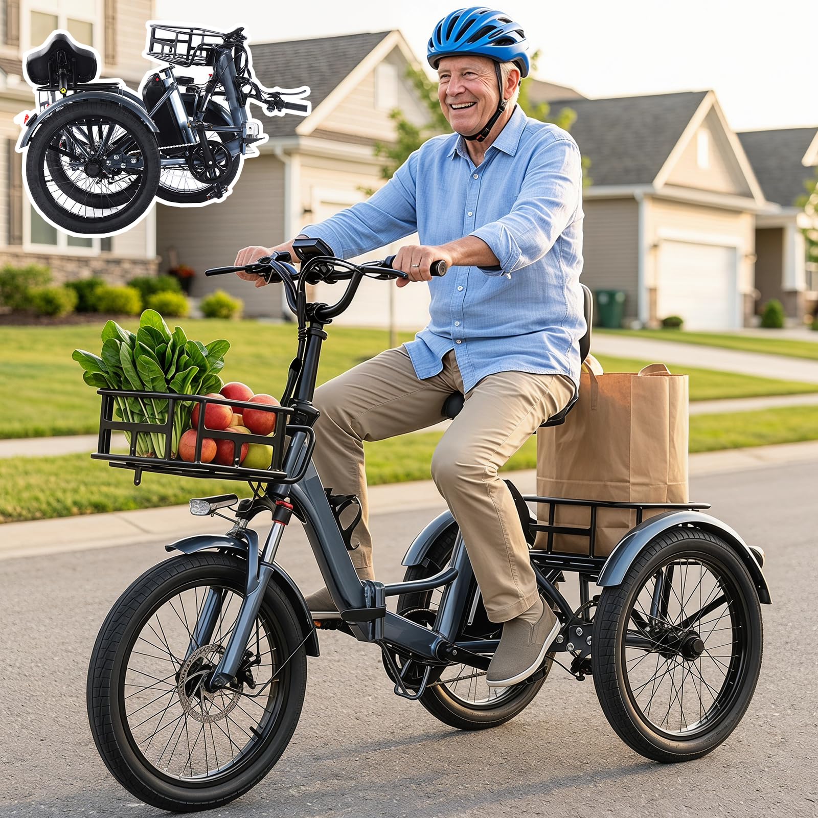 Tricycle électrique pliable pour adulte - 50,8 cm - Batterie 48 V 13 Ah - Portée de 45 km - Capacité de charge de 200 kg - Double frein - Écran LCD - Panier de grande capacité - Rouge