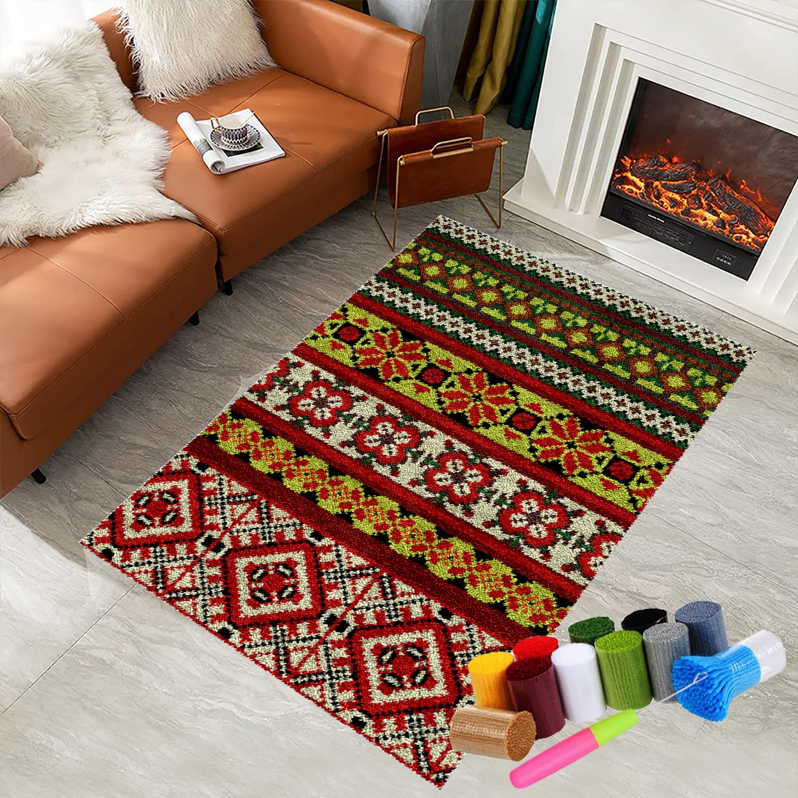 Latch Hook Kits for Adults Beginners, Tapestry Kits, Latch Hook Rug Kit for Home Décor, DIY Rug Making Kit for Adults with Printed Patterns, Canvas Yarn Latch Hook Kit, Crochet Kit 55 x 75 cm