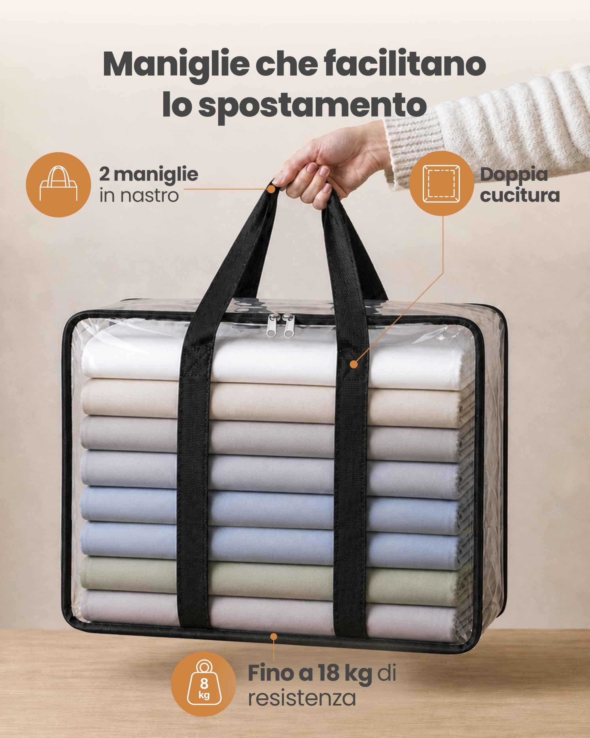 unycos - Scatole per Armadio x 5 Unità【90L】 Contenitori Sottoletto Trasparenti in PVC, Salvaspazio, Pieghevoli con Manici Rinforzati e Cerniera Bidirezionale per Maglioni, Cappotti (60 x 35 x 43 cm)