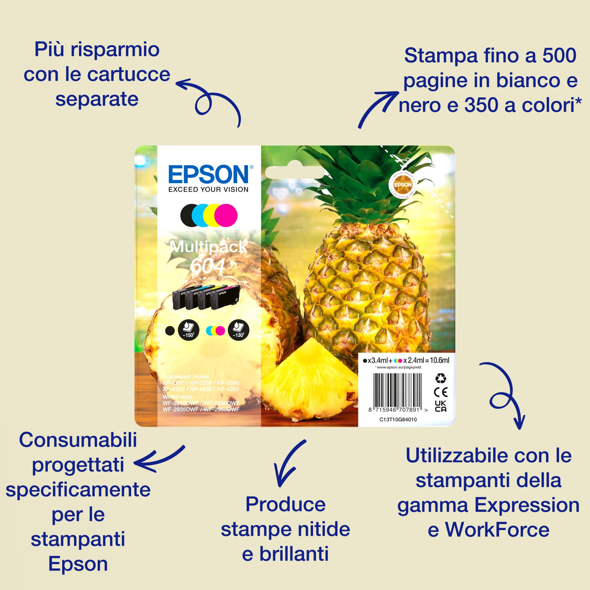 Epson 604XL Serie Ananas - Cartucce per stampante getto d'inchiostro, Multipack 4 colori (Nero, Ciano, Magenta, Giallo), Formato XL, Stampe affidabili casa e ufficio, Confezione EasyMail