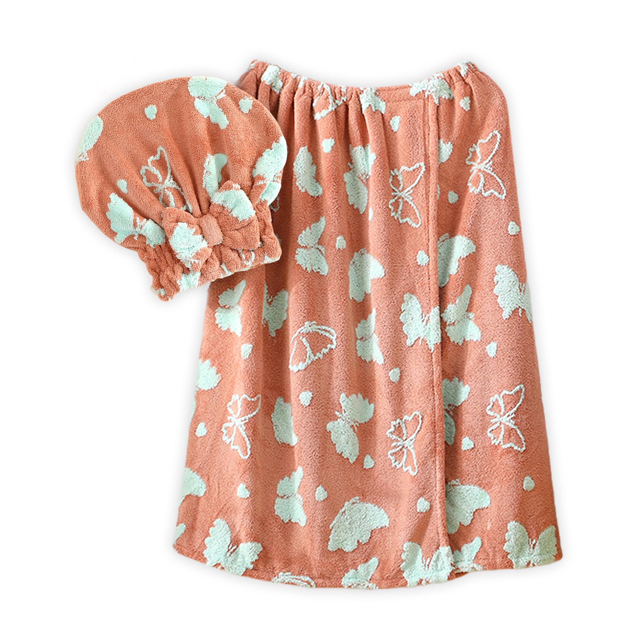 UINSUE Soft Coral Fleece Bath Skirt & Hair Drying Cap Set with Jacquard Butterfly Bow Design Quick Dry Wearable Towel for Home Spa (Orange)