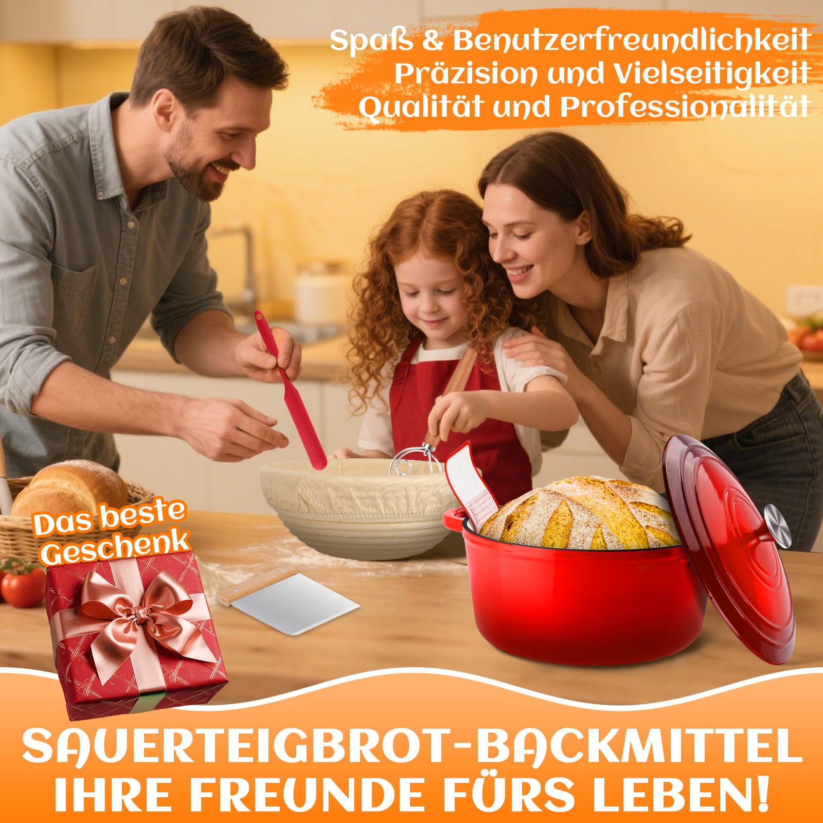 NZQXJXZ Gusseisen Topf Brot Backen, 26cm Emaille Schmortopf mit Deckel Brotbackform mit Banneton Brot Gärkorb Sauerteig Brotbacken Zubehör, 2-in-1 Brotbacktopf mit Pfanne Deckel Kochen Pan