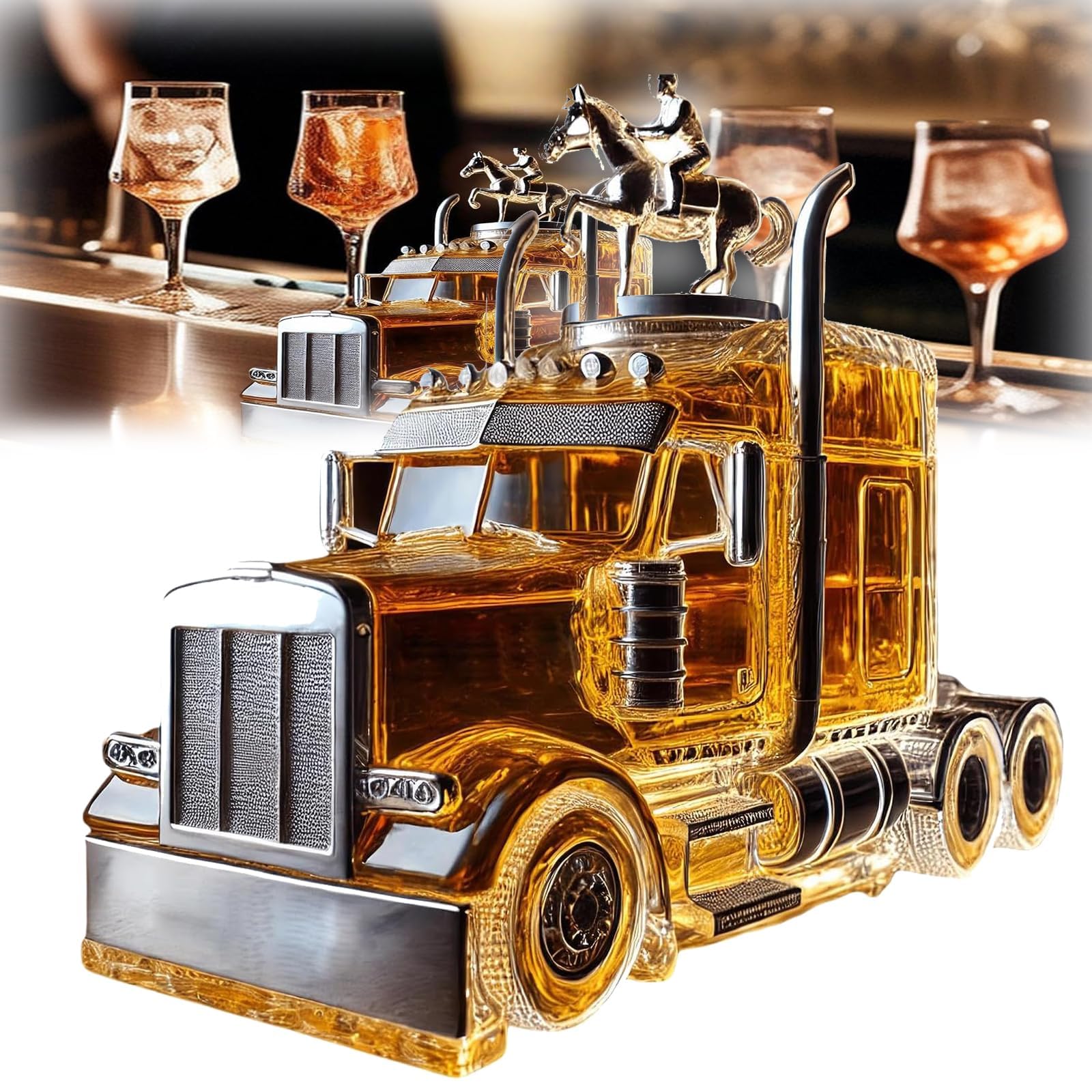 Truck Whiskey Decanter, 375ml Vintage Semi Truck Whiskey Bottle, Funny Car-Shaped Glass Liquor Bottle with Stopper for Dad Model B