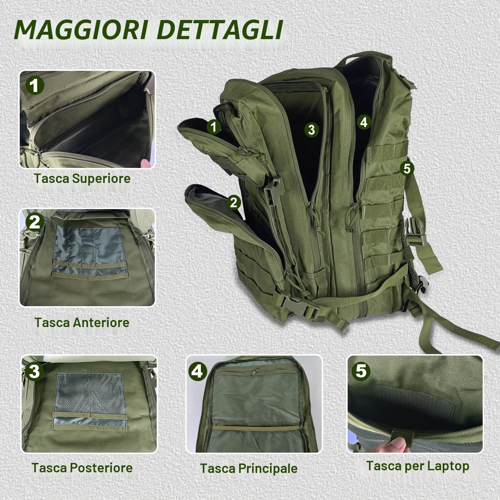 HEMSO Zaino Militare 45 Litri, Impermeabile Grande Zaino Tattico, Molle Zaini di Assalto per Uomo Donna Università Sopravvivenza Viaggio Trekking Campeggio Caccia Moto Palestra Fotografico (Verde)