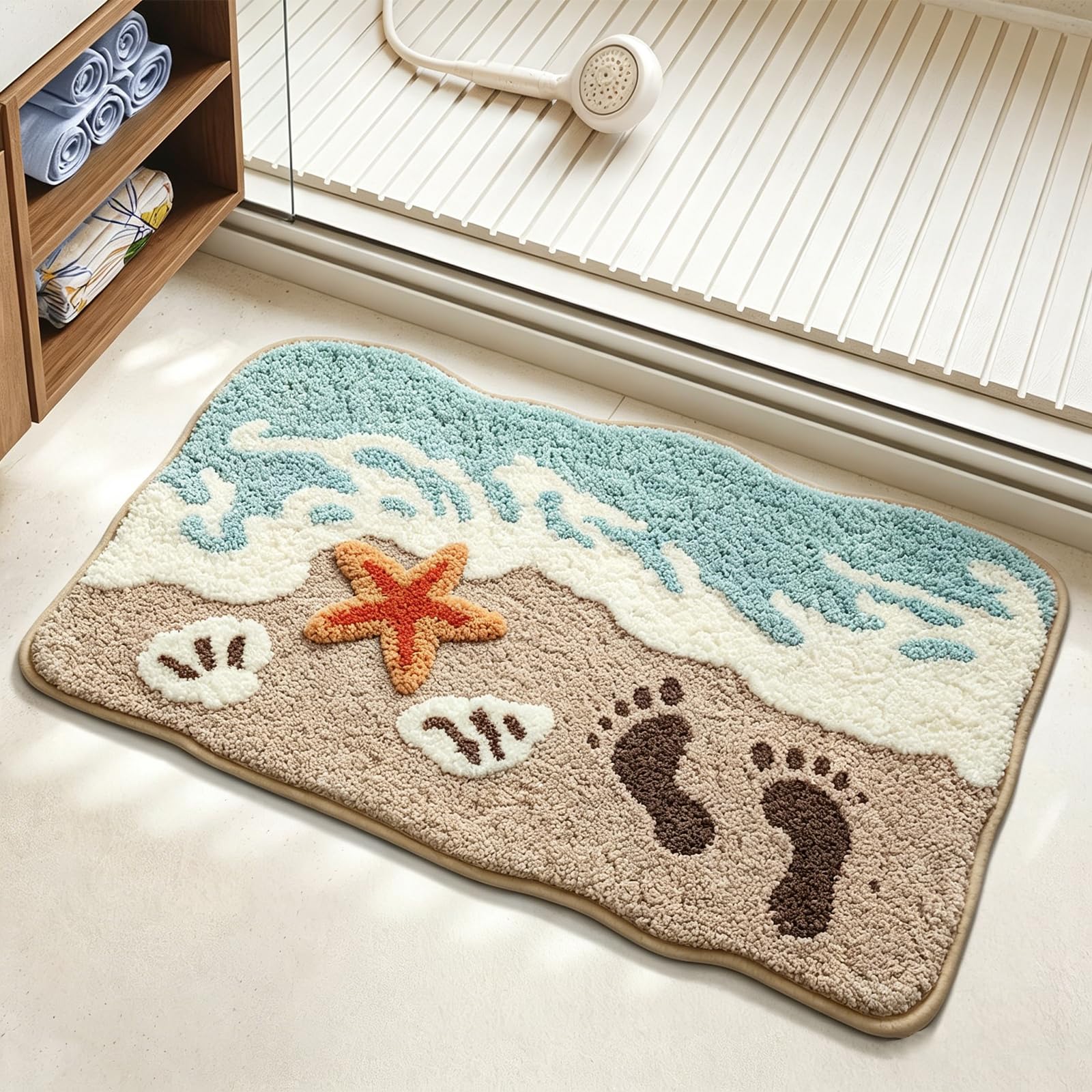 AVEKI Wave Beach Plush Bath Mat, Starfish & Footprint Non-Slip Rug with Non-Slip Backing, Soft Absorbent Polyester Floor Mat for Bathroom, Machine Washable Bath Mats 20" x 31" (Starfish) — image 1