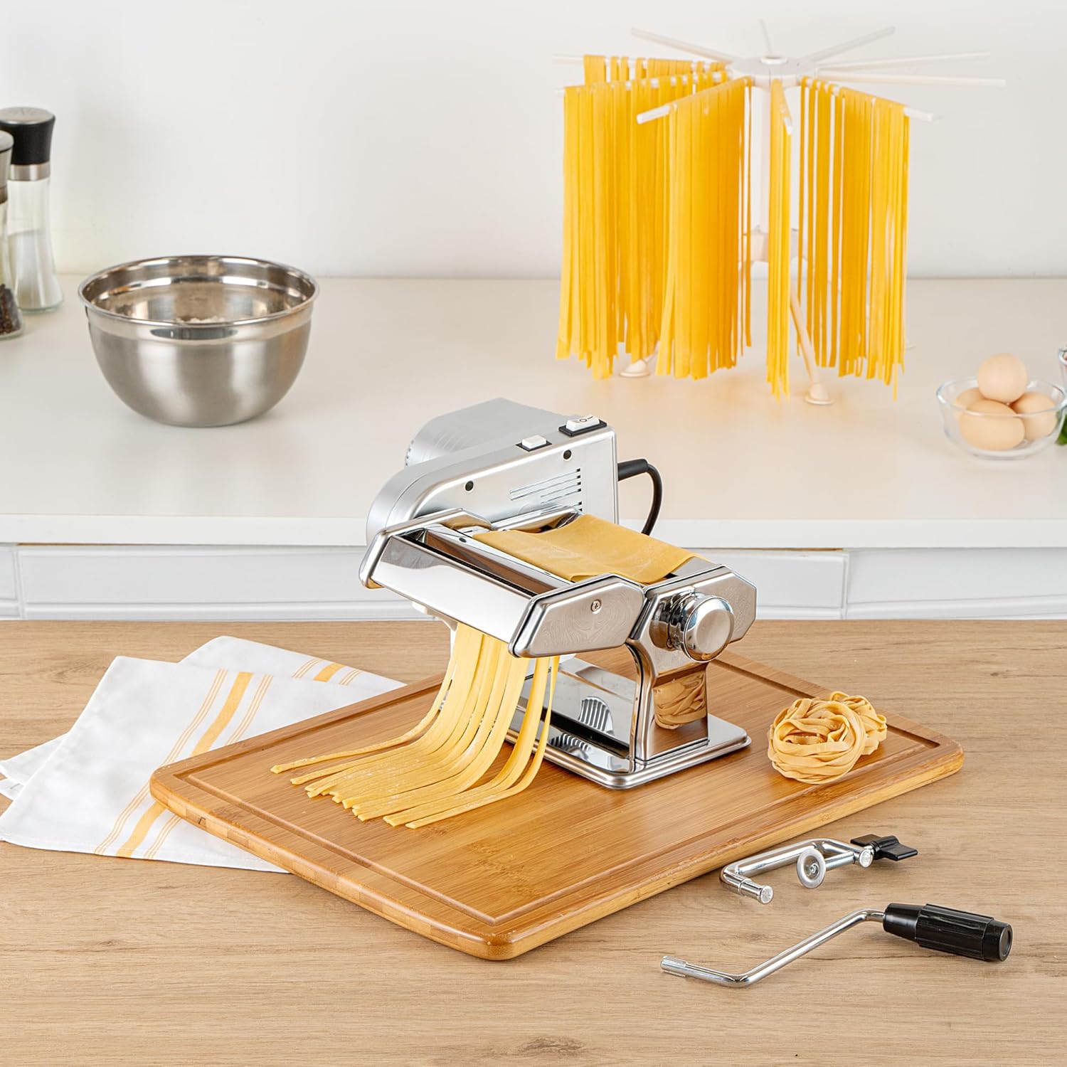 Met Lux Pasta Machine And Motor, 1 Electric Pasta Maker With Cutter Attachments - 9 Adjustable Thickness Settings, Automatic, Stainless Steel Machine, For Fettuccine, Spaghetti