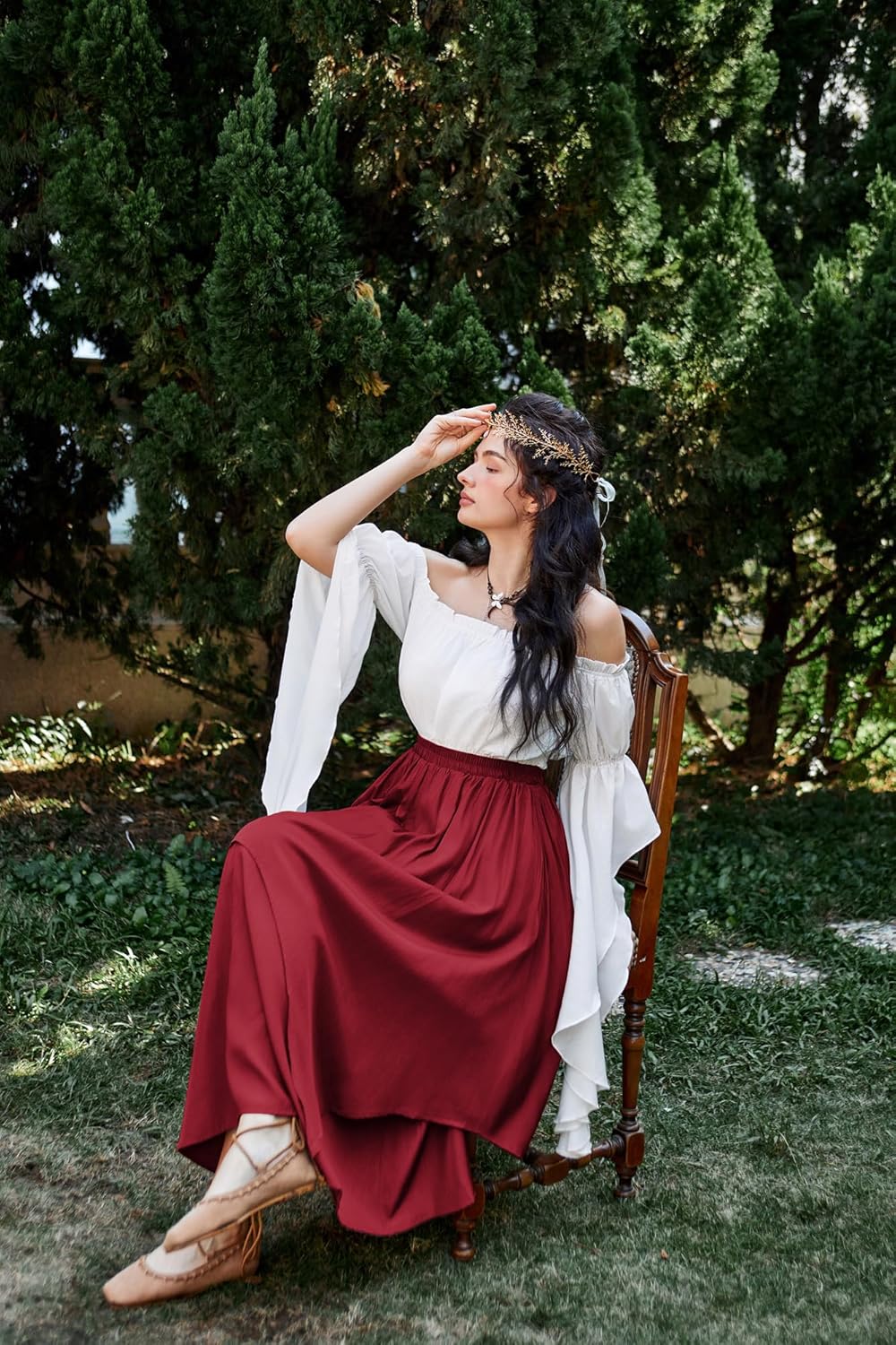 SCARLET DARKNESS Women’s Renaissance Maxi Skirt Elastic High Waist Double Layered Swing Skirt Vintage Pirate Tiered Skirts with Pockets 6