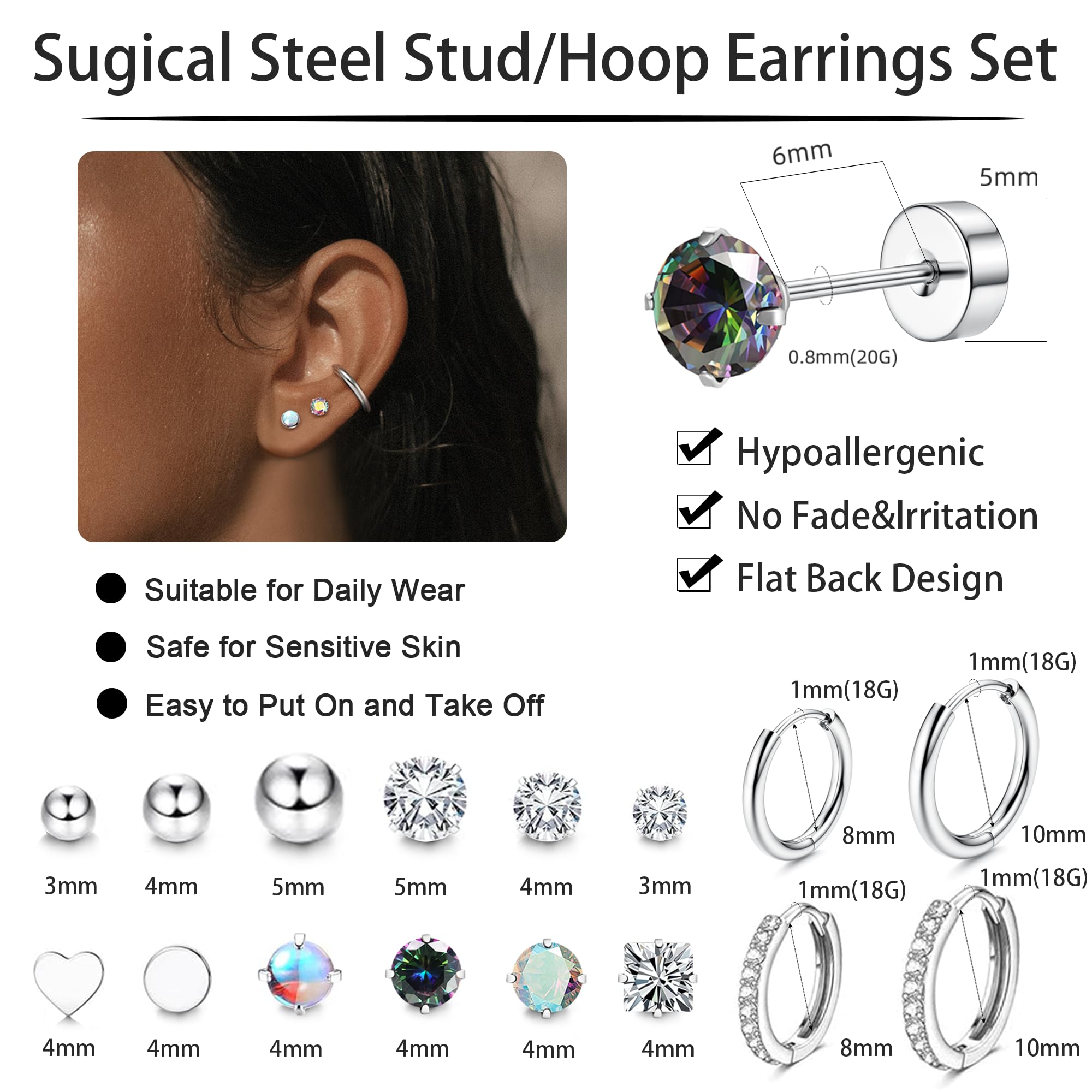 LOFITOR 16 Paare Hypoallergene Flatback Ohrringe für Damen Herren Set Chirurgischer Stahl Stecker Ohrstecker und Klein Creolen Stapelbar Kleine Cartilage Ohrringe mit Schraubverschluss