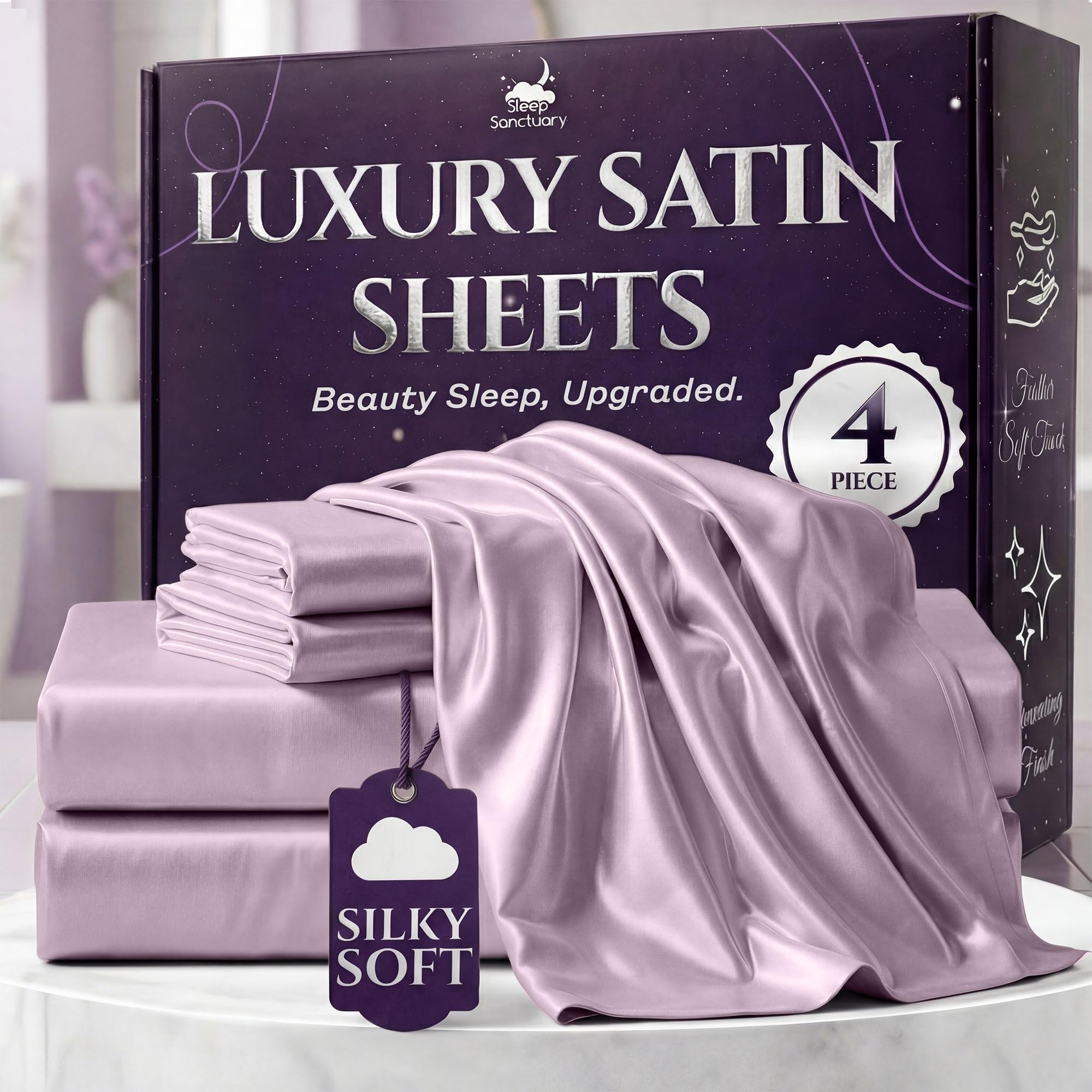 SLEEP SANCTUARY Satin Sheets Queen Size – 4 Piece Luxury Silky Bed Set, Softer Than Silk, 15" Deep Pocket, Cooling & Wrinkle-Free, Moisture-Wicking &
