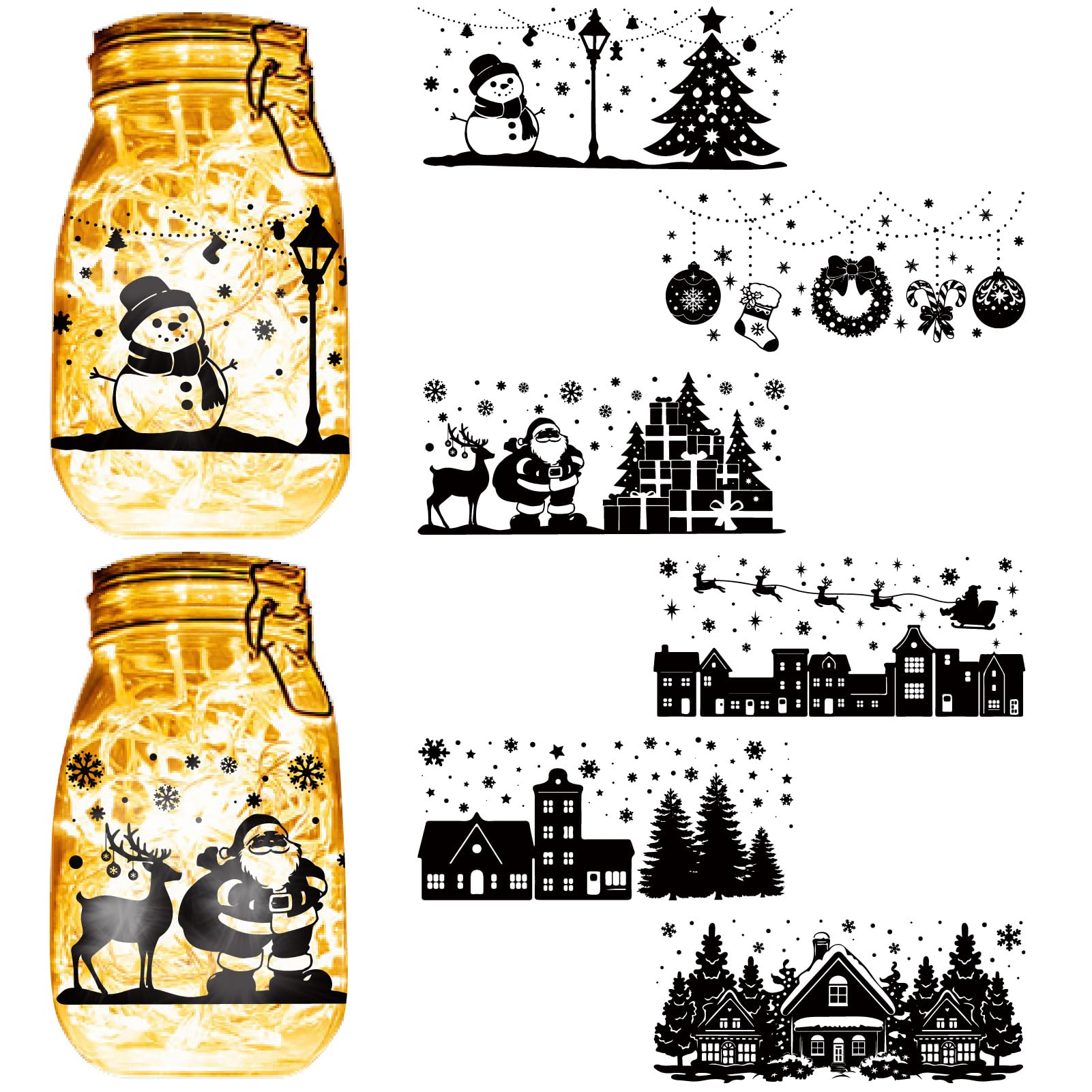 CREATCABIN 6PCS Christmas Silhouettes Cutouts Mason Jar Cutouts Lamp Film Santa Claus Snowflakes Scrapbook Waterproof PVC Lantern Jar Decoration for Wall Windows Frosted Glass Crafts 3.5x7.9in