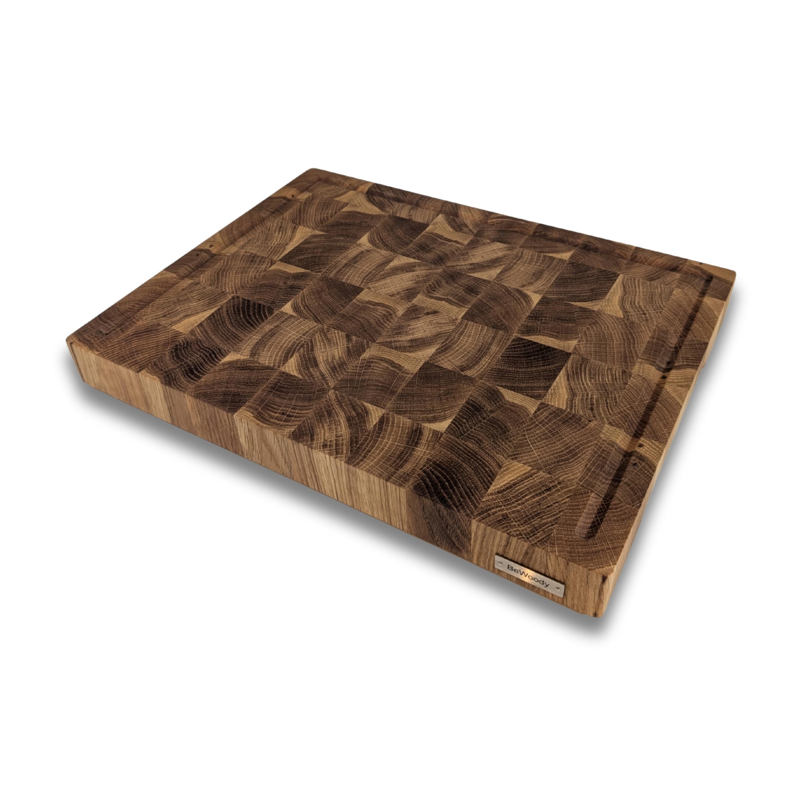 Premium Hackbrett Stirnholz Schneidebrett Eiche – Hackblock 40x30x4 cm – Großes Holzbrett mit Saftrille & rutschfesten Füßen – Tranchierbrett für Küche & Fleisch