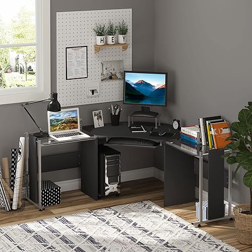 Miniatura 2 de Homcom – 69 en. Moderno en forma de L simétrica glasstop estación de trabajo oficina computadora para computadora, Negro