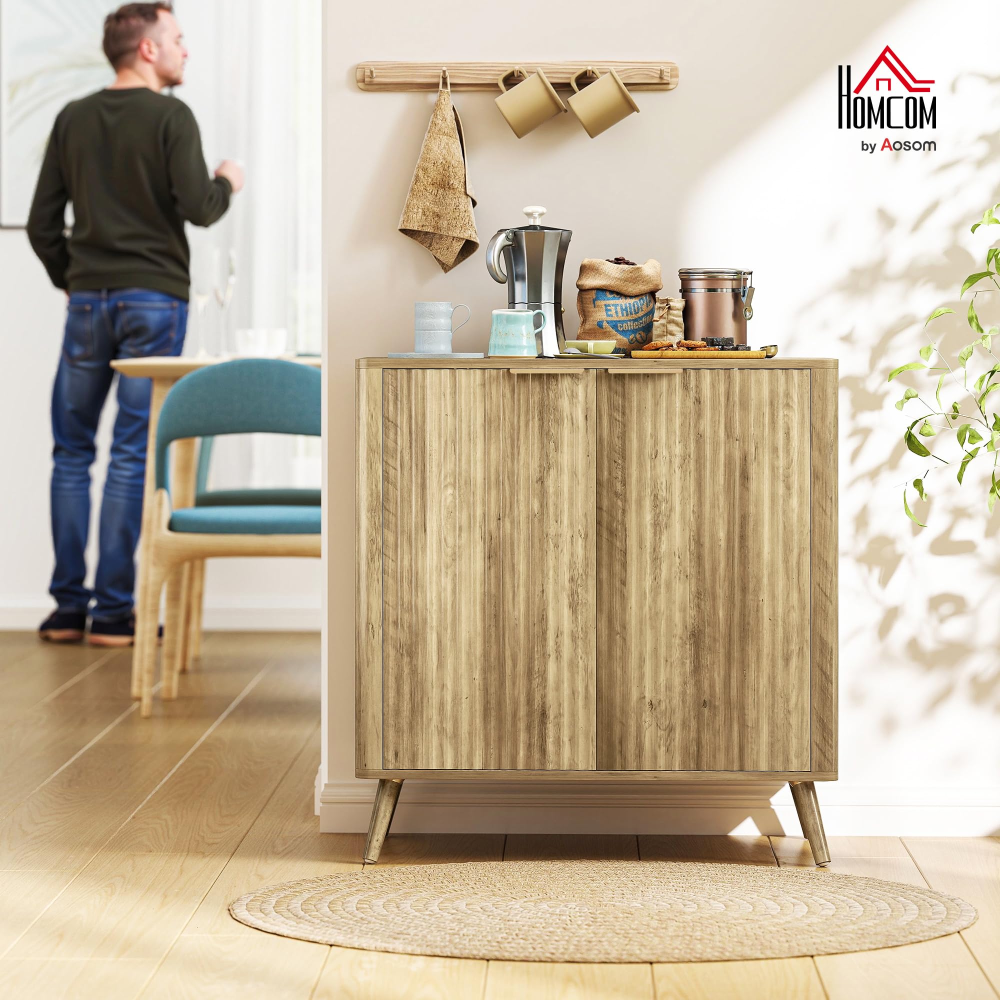 HOMCOM Żłobiony Sideboard z przechowalnią, 30", 2 drzwi, dąb