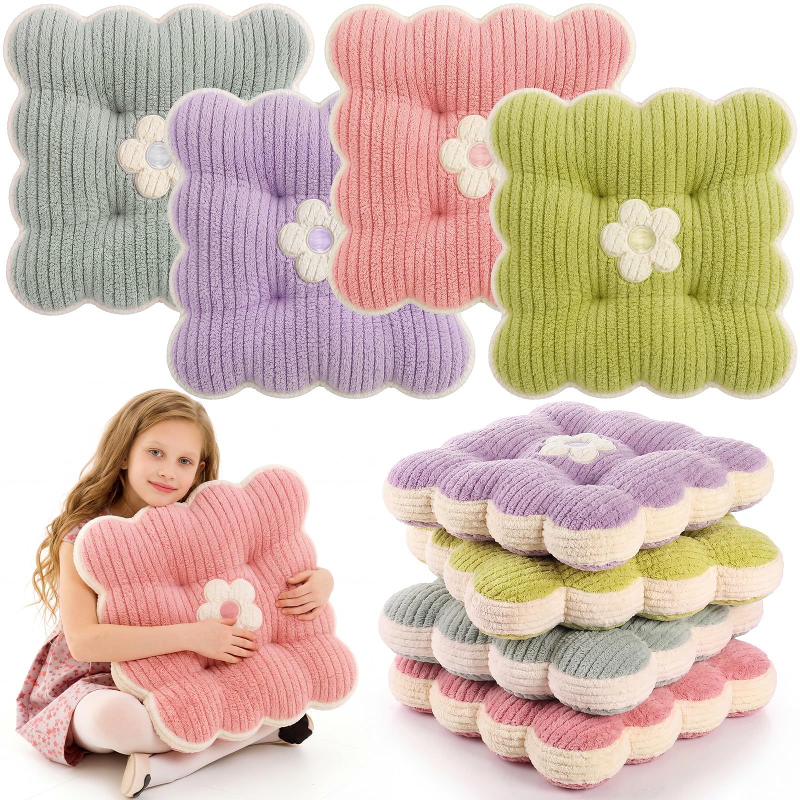 Reginary 4 Pcs Flower Floor Pillow Cushion Kid, Square, Colorful, 15.75''