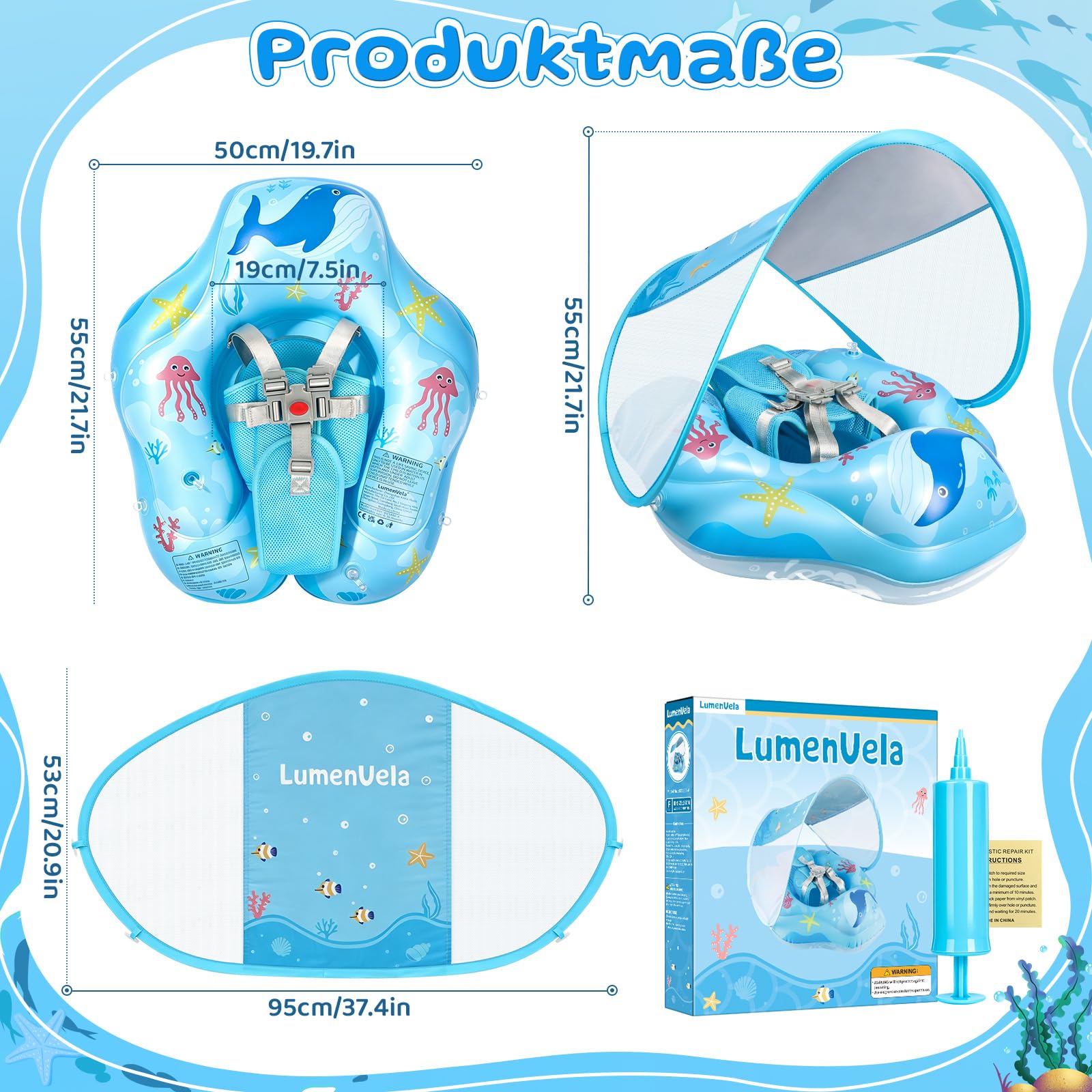 IEEILULU Schwimmring Baby, Baby Schwimmring mit Sonnendach Abnehmbarem UPF 50+ und Reparaturaufkleber, Schwimmtrainer Kleinkind für 6-36 Monaten für Pool, Strand und Schwimmbad