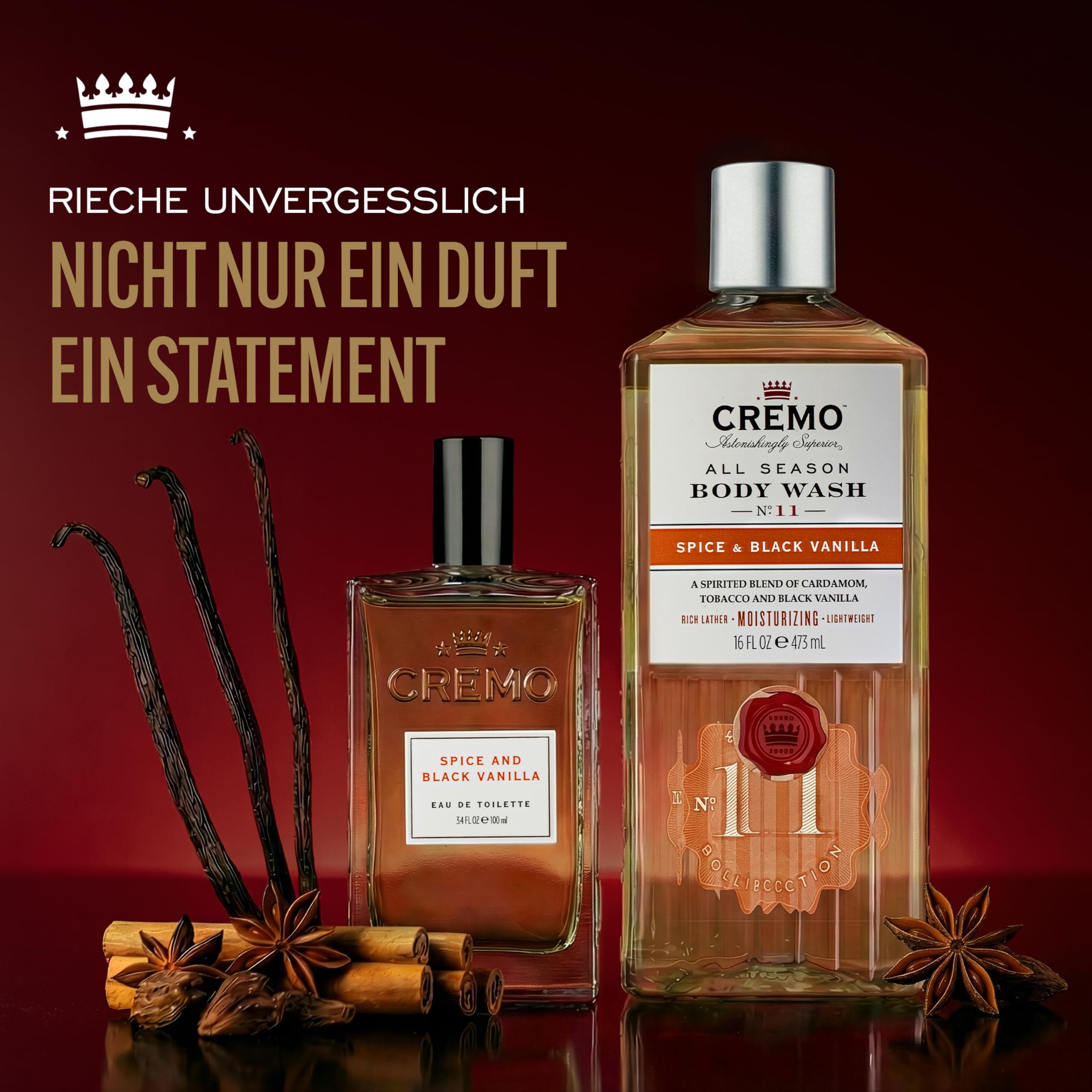 CREMO SPICE & BLACK VANILLA Gift Set für Männer - Eau de toilette 100ml + Body Wash 473ml - Spicy fragrance