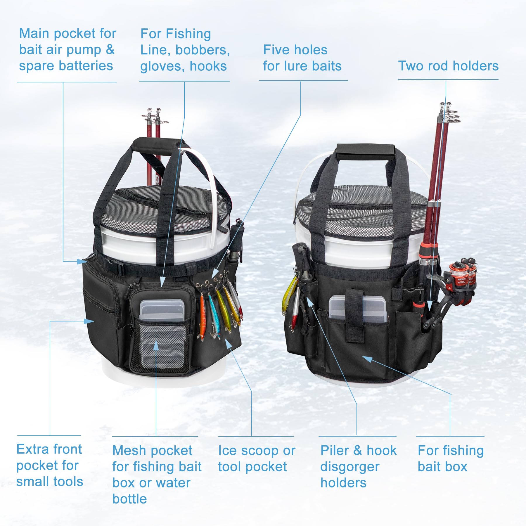 Amazon.com : WTVIDAS Fishing Bucket Organizer with Top Cover, Ice Fishing  Tackle Bag with Rod & Plier Holder, Multi-Pockets for 5 Gallon Bucket Fish  Gear & Accessories : Sports & Outdoors