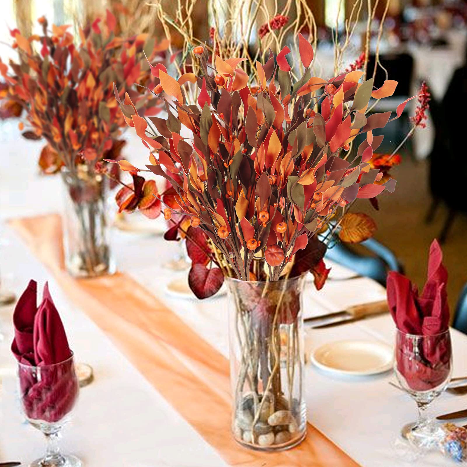 HanOBC 6 rami di zucca artificiali da 28 cm, foglie d'acero autunnali con zucche e bacche, plettri floreali autunnali per il Ringraziamento, Natale, Halloween Decor