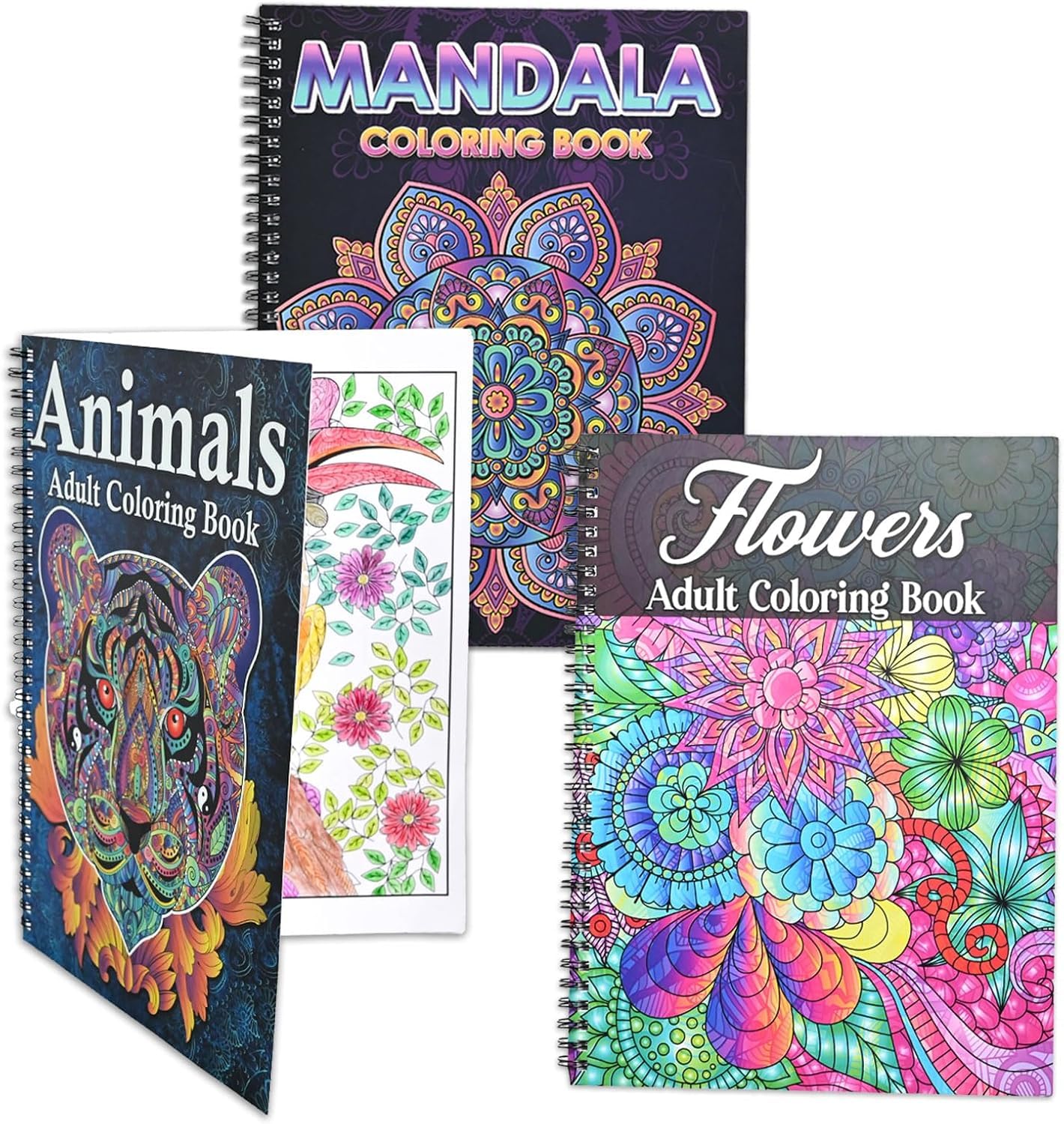 Pobuu Malbuch für Erwachsene, 60 Seiten, Mandalas, Tier- und Blumenmuster, Spiralbindung, Malbücher für Erwachsene, Entspannung, Angstlinderung, Geschenke für Frauen