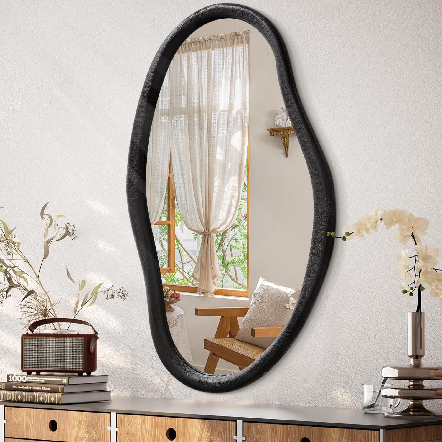 JJUUYOU Irregular Wall Mirror Black Asymmetrical Wooden Hanging Mirror 75x45cm Large Home Decorative Wall Mounted Vanity Mirrors for Bathroom Dressing Room Living Room