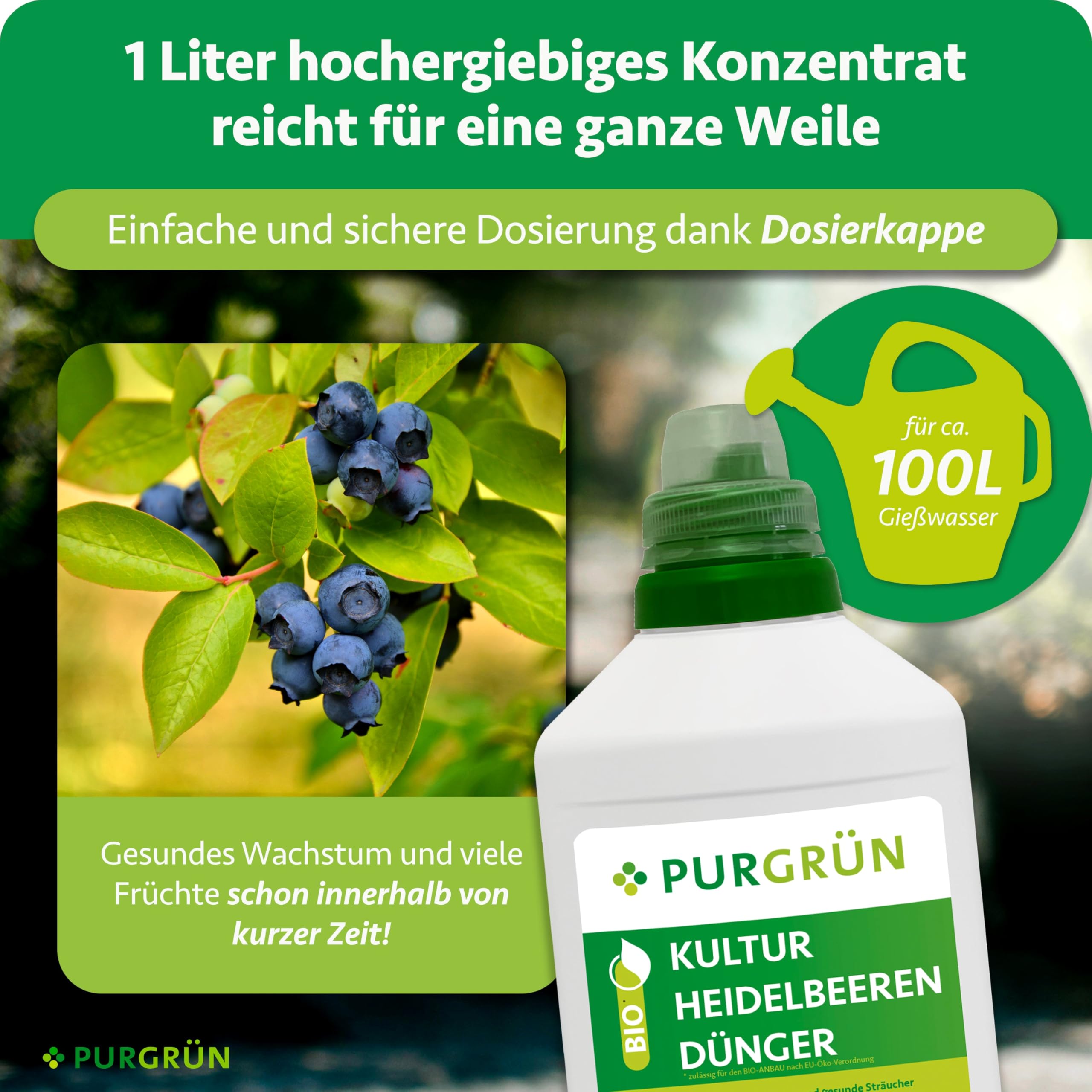 Bio-Kulturheidelbeeren-Dünger 1 Liter – Organische Rezeptur – Premium-Flüssigdünger – NPK 3+2+6 – Mit Algenextrakt & Vinasse – Für aromatische Früchte – Ohne tierische Inhaltsstoffe