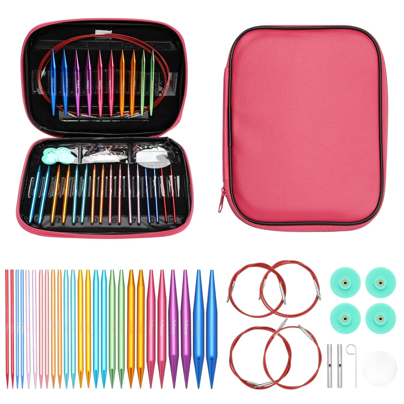 13 Pairs Rose Gold Circular Knitting Needles Set with Cables, Complete Knitting Set with Interchangeable Tips, Professional Crochet Hooks Set for Hats and Sweaters