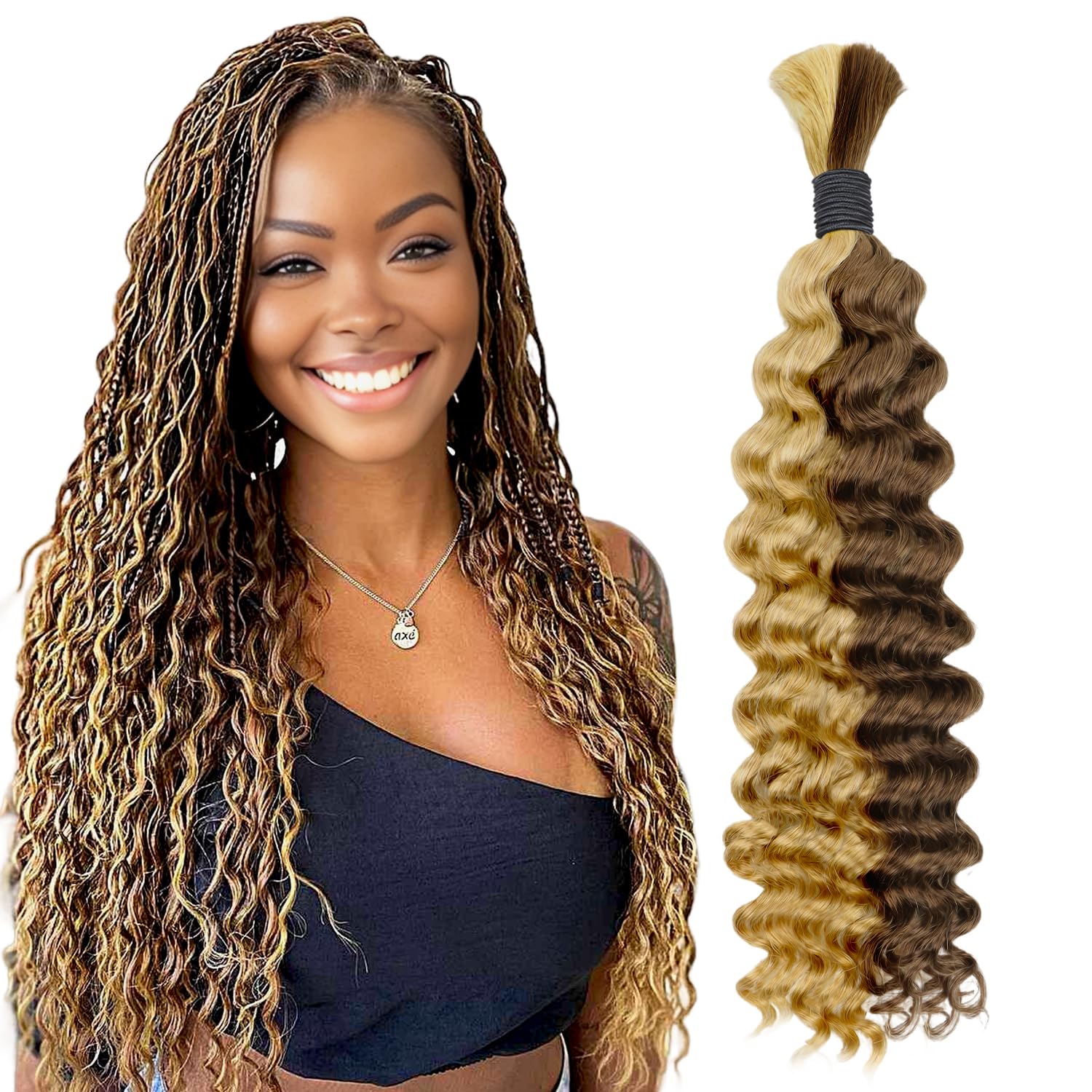 Lashey Human Braiding Hair Deep Wave 50g Bulk Human Hair for Braiding #4/27 Ash Brown Mix Honey Blonde 100% Virgin Hair Bulk No Weft Human Hair