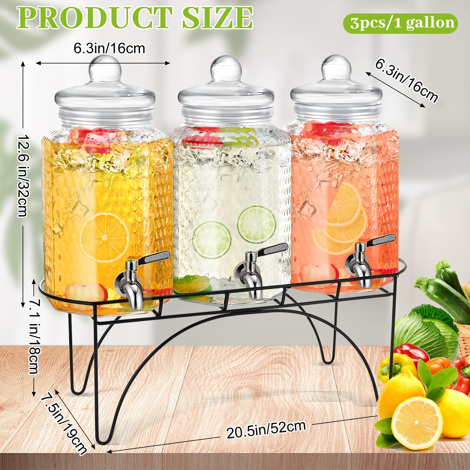 3 dispensadores de bebidas de 1 galón, dispensador de bebidas de vidrio con soporte, grandes recipientes transparentes para fiestas, jarra de vidrio con espiga y tapa para fiesta, bar,