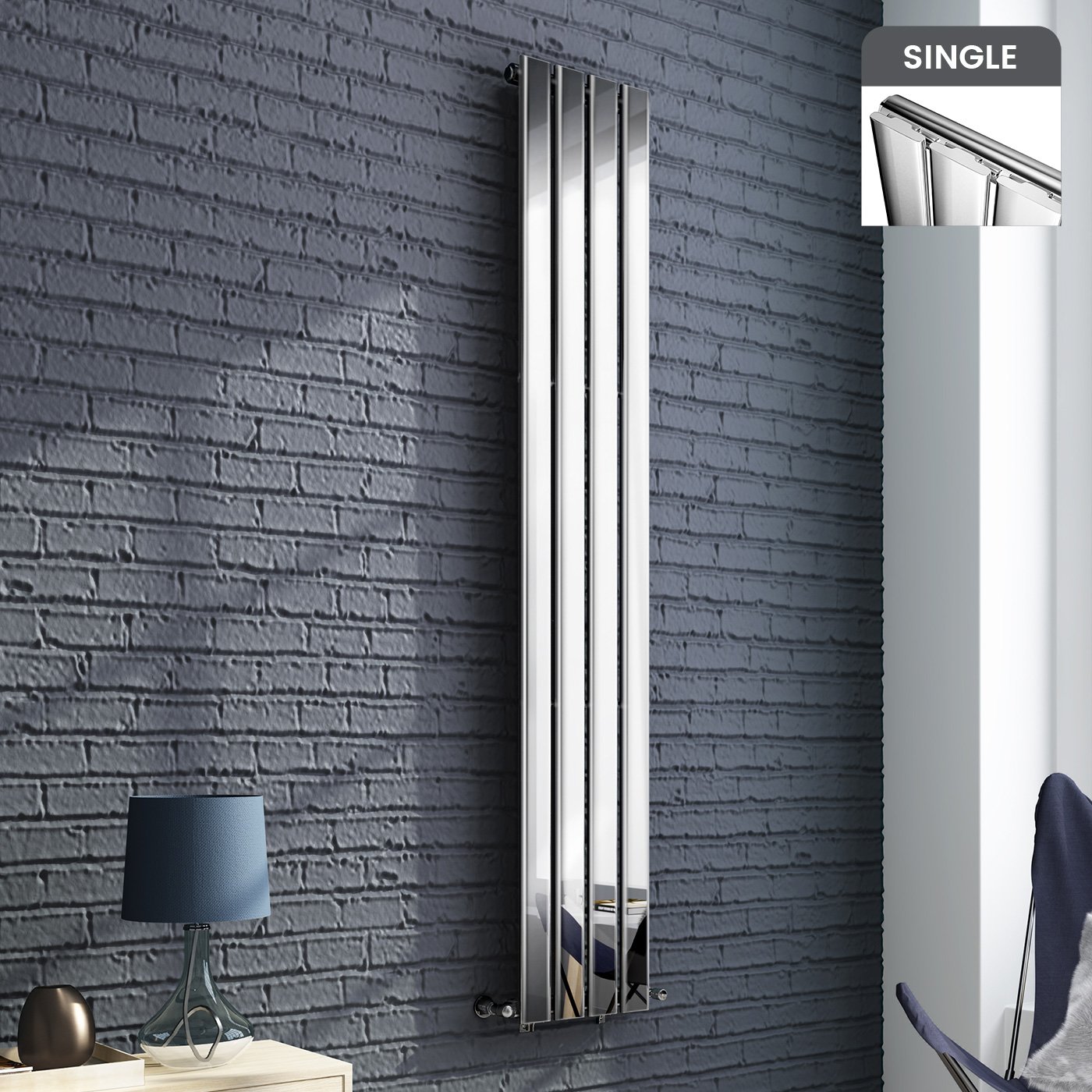 iBathUK Apex Wall-Mounted Vertical Single Slim Flat Panel Radiator, 4 Columns Steel Chrome High Thermal Output Hydronic Central Heating, Designer Modern Radiator in Chrome, 1800 × 304mm — image 1