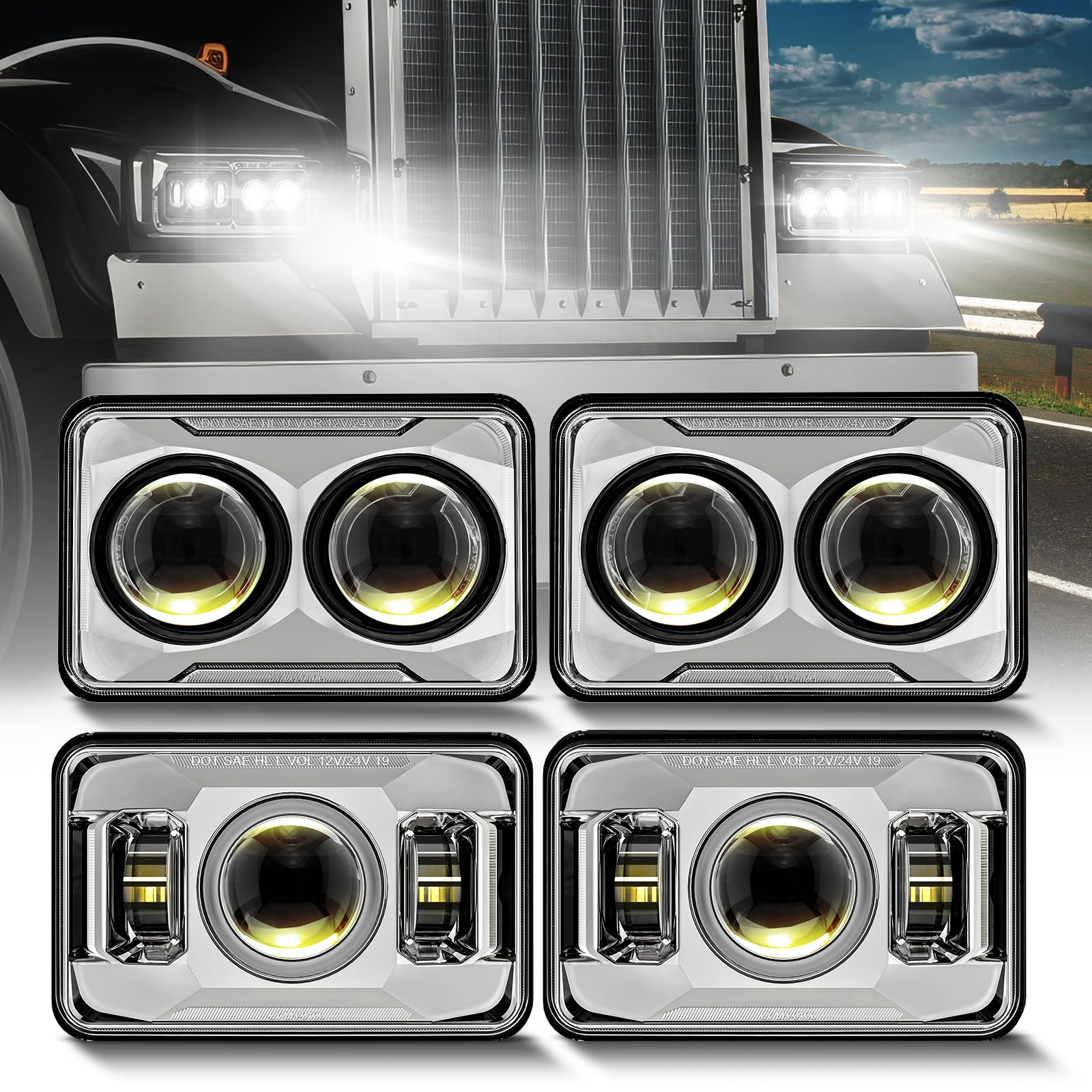 COWONE 60W 4x6 inch LED Headlights [Hi/lo Beam Separately] Compatible with Kenworth T800 T600 Peterbilt 379 Feightliner O-ldsmobile Cutlass H4651 H4652 H4656 H4666 H6545 - Chrome