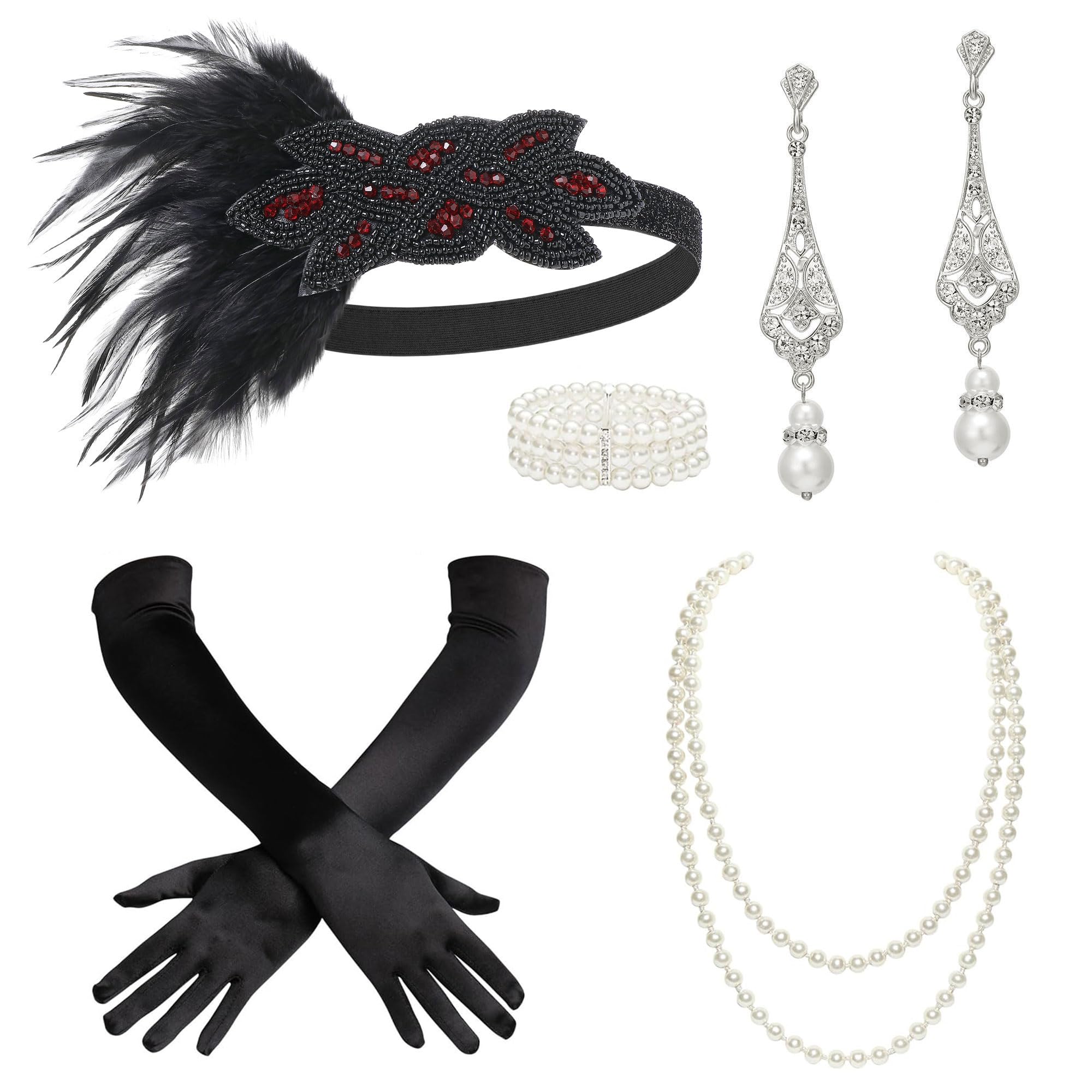 BABEYOND 1920s Flapper Accessories Great Gatsby Costume Accessories 20s Flapper Headband Pearl Necklace Gloves Plastic Holder
