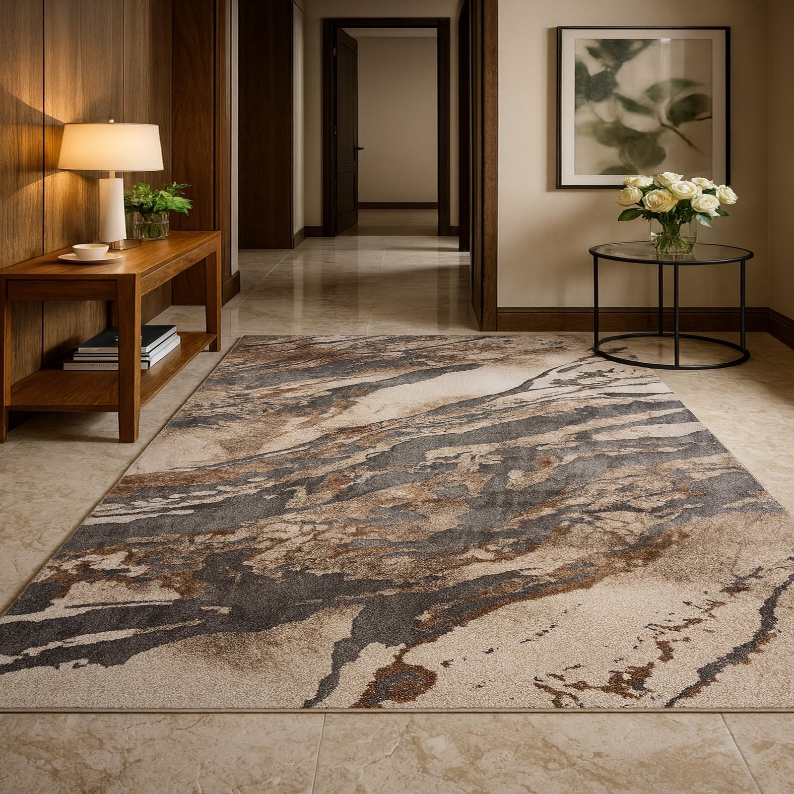 Tapis abstract moderne beige et gris 110x180 cm pour salon et chambre